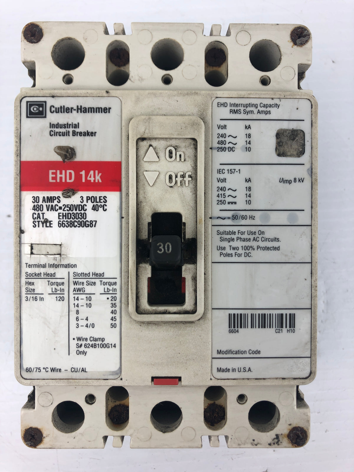 Cutler Hammer EHD3030 Industrial Circuit Breaker EHD14K 480VAC 250VDC 30A 3PH