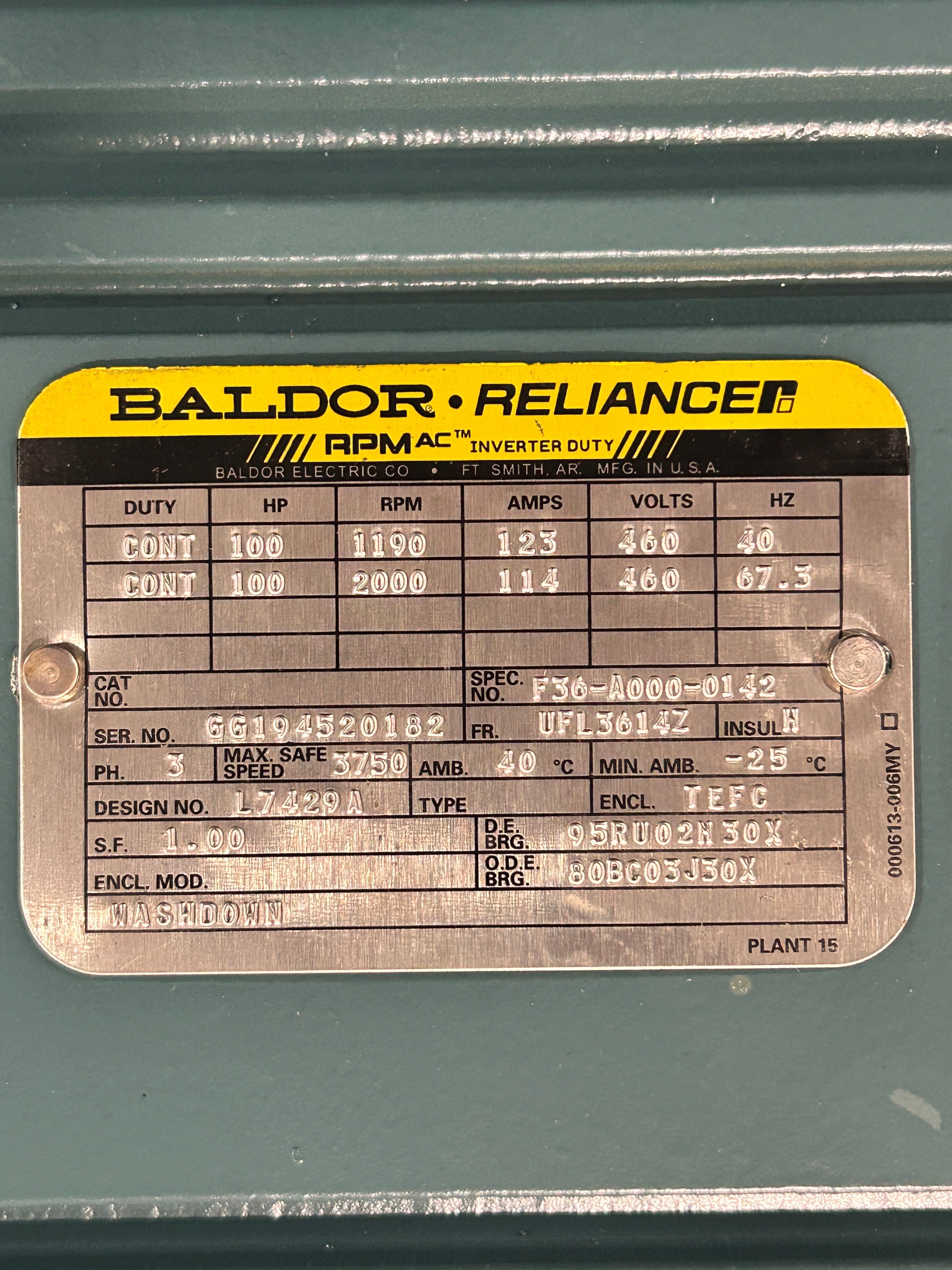 ABB Baldor Reliance 100HP Inverter Duty AC Motor F36-A000-0142 TEFC 460V 3PH RPM