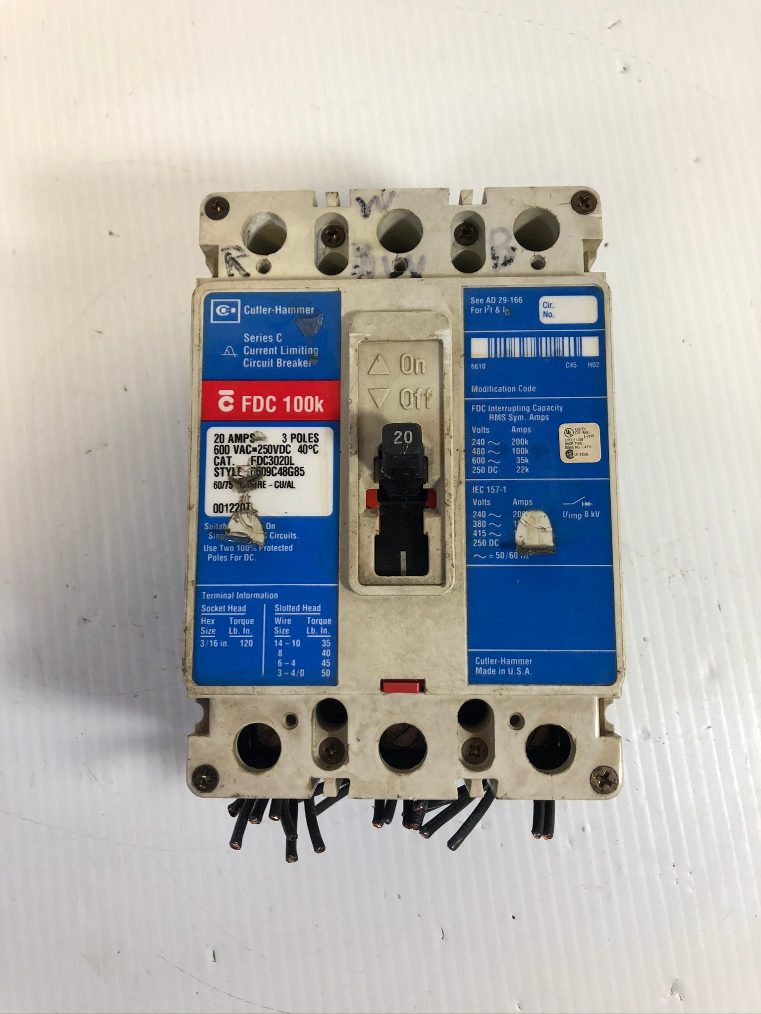 Cutler-Hammer FDC3020L Circuit Breaker Series C 3-Pole 20A 6609C48G85