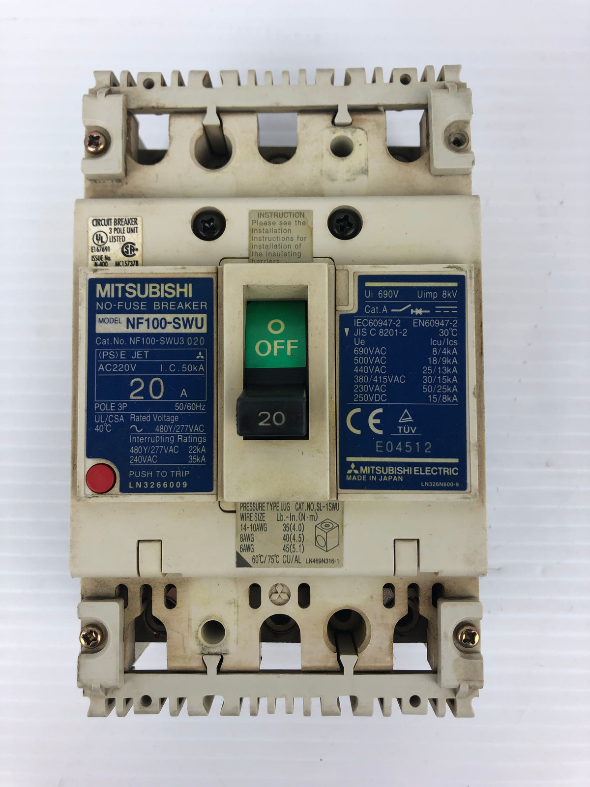Mitsubishi NF100-SWU No-Fuse Breaker 20A 3P