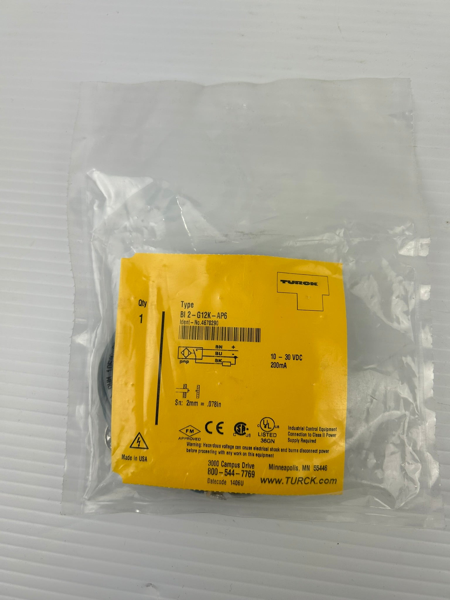 Turck BI2-G12K-AP6 Inductive Proximity Sensor 4670290 10-30 VDC 200mA