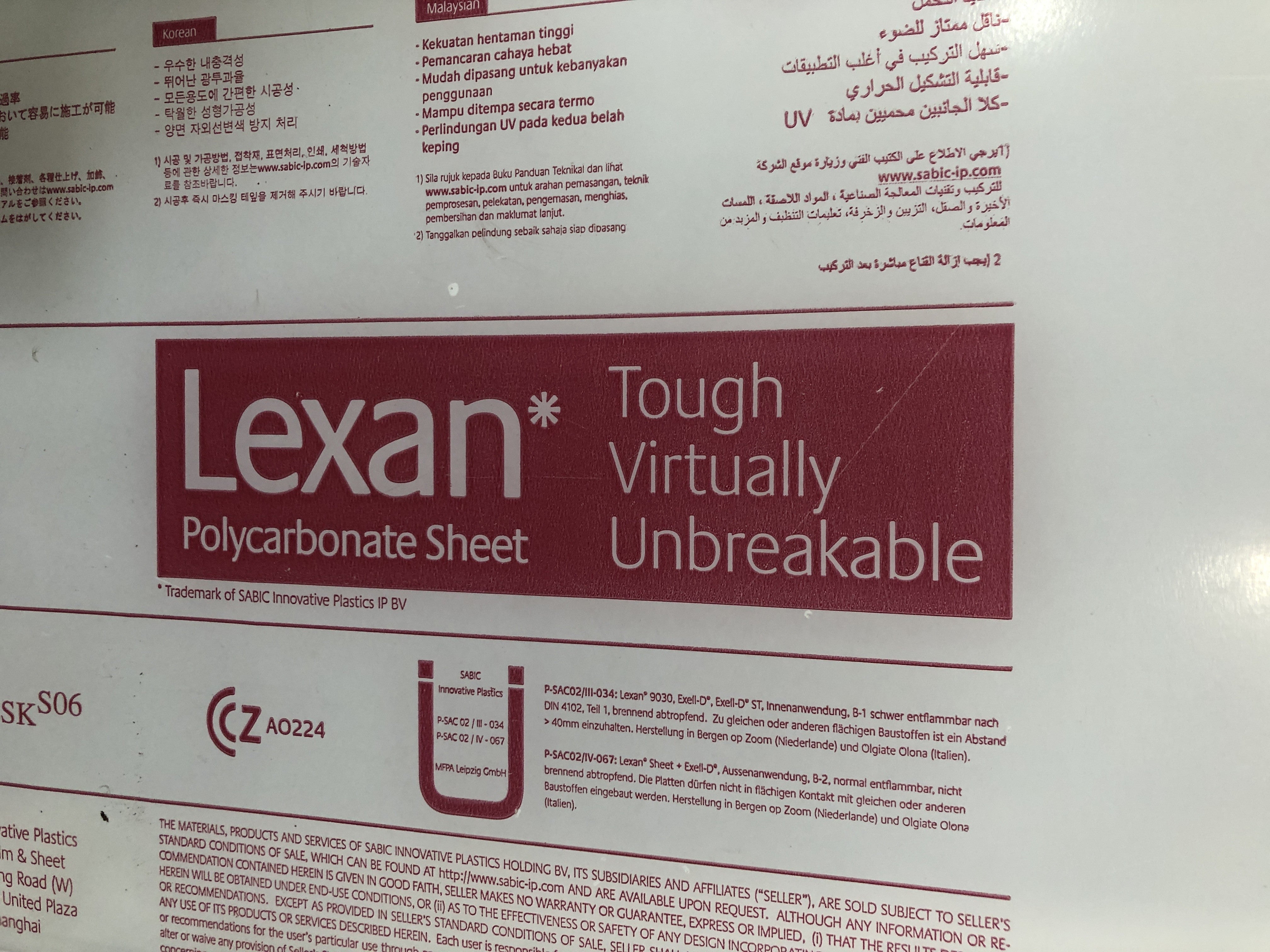 Sabic Innovative Plastics Lexan Polycarbonate Sheet 47-3/4" x 11-1/4" x 0.160"