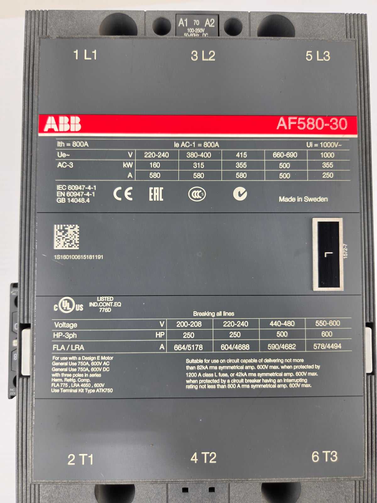 ABB AF580-30 Contactor 3PH 580A AC-3 800A AC-1 3 Pole 100-250VAC/DC Coil 600V
