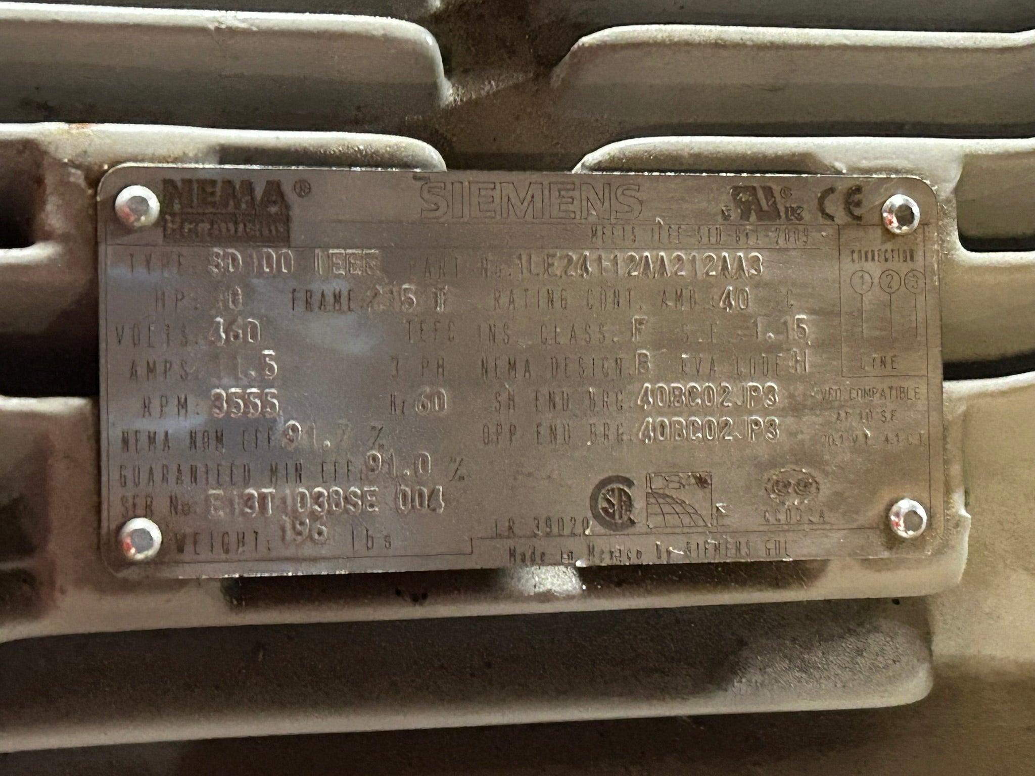 Siemens 1LE24112AA212AA3 AC Electric Motor 10 HP 3 PH 3555 RPM