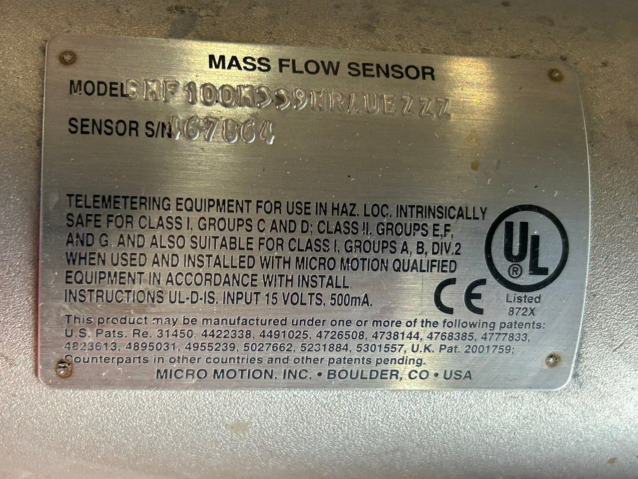 Micro Motion CMF100M339NRAUEZZZ Mass Flow Sensor 275PMAX 625PSIG