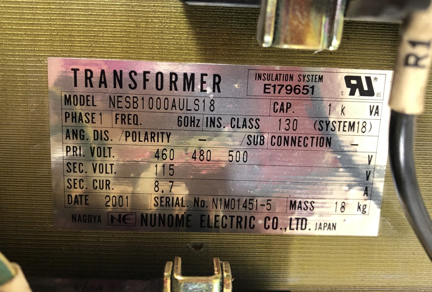 Nagoya NESB1000AULS18 Nunome Electric Transformer 500V 8.7A 1PH 60Hz 1kVA