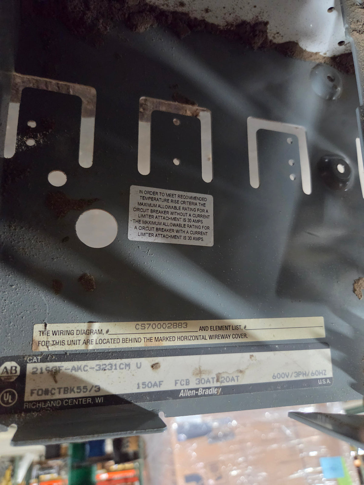 Allen Bradley 2193F-AKC MCC Bucket 30A 20A Dual Breaker Centerline 2100 No Door