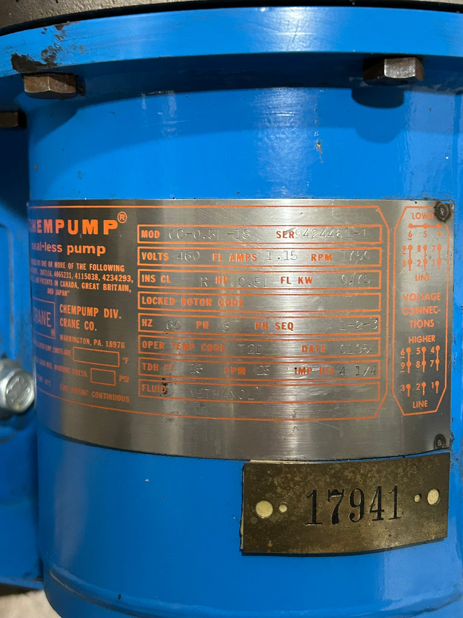 Crane Co. Chempump GC-0.5L-1S Seal-Less Pump 0.5L HP 0.75 FL kW 3PH 1750 RPM