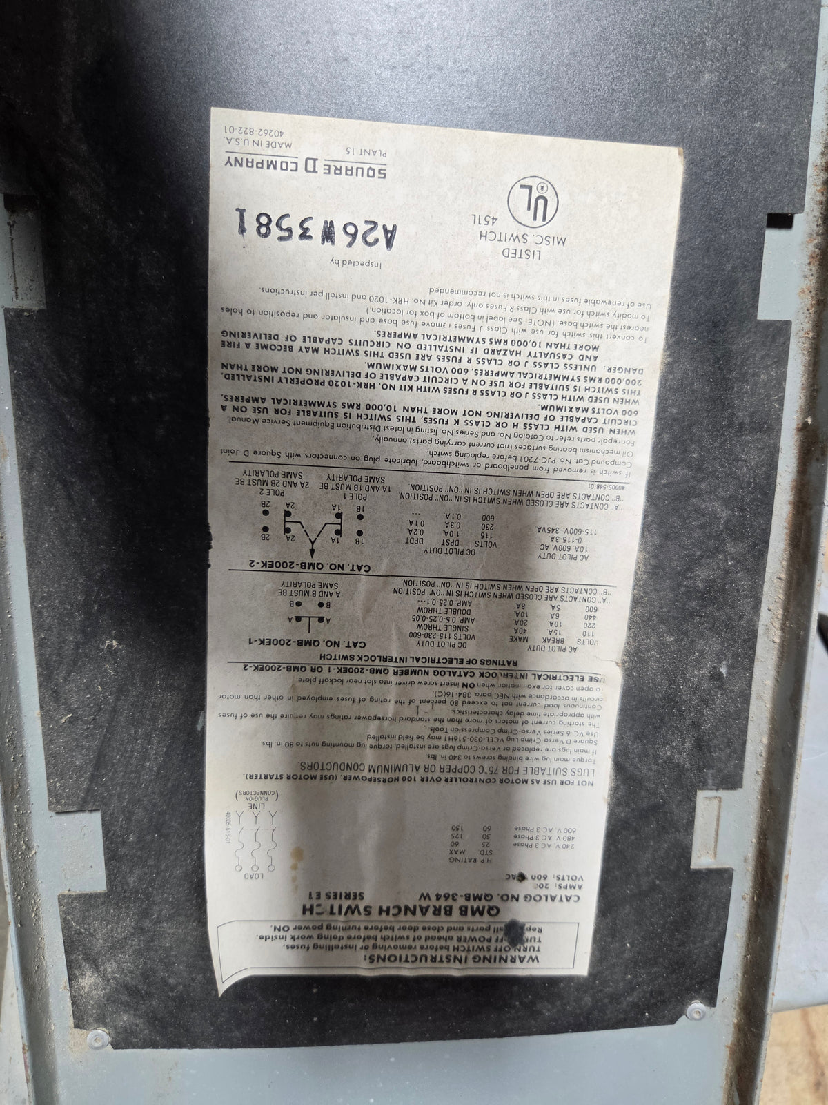 Square D QMB-364W Fusible Panelboard Switch Disconnect Series E1 200A 3P 600V