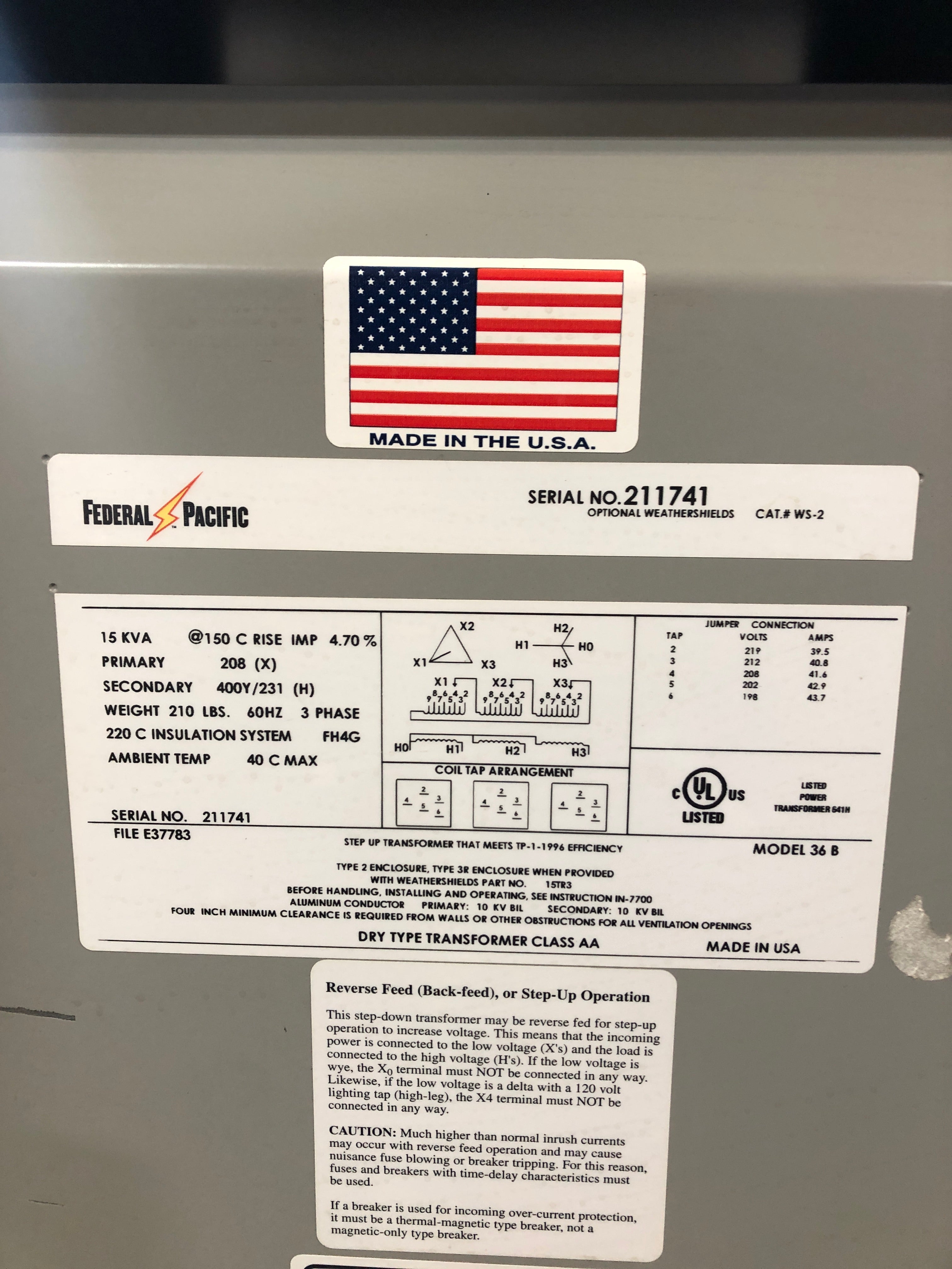 Federal Pacific 36B Dry Type Transformer 15kVA with Square D H361 Safety Switch