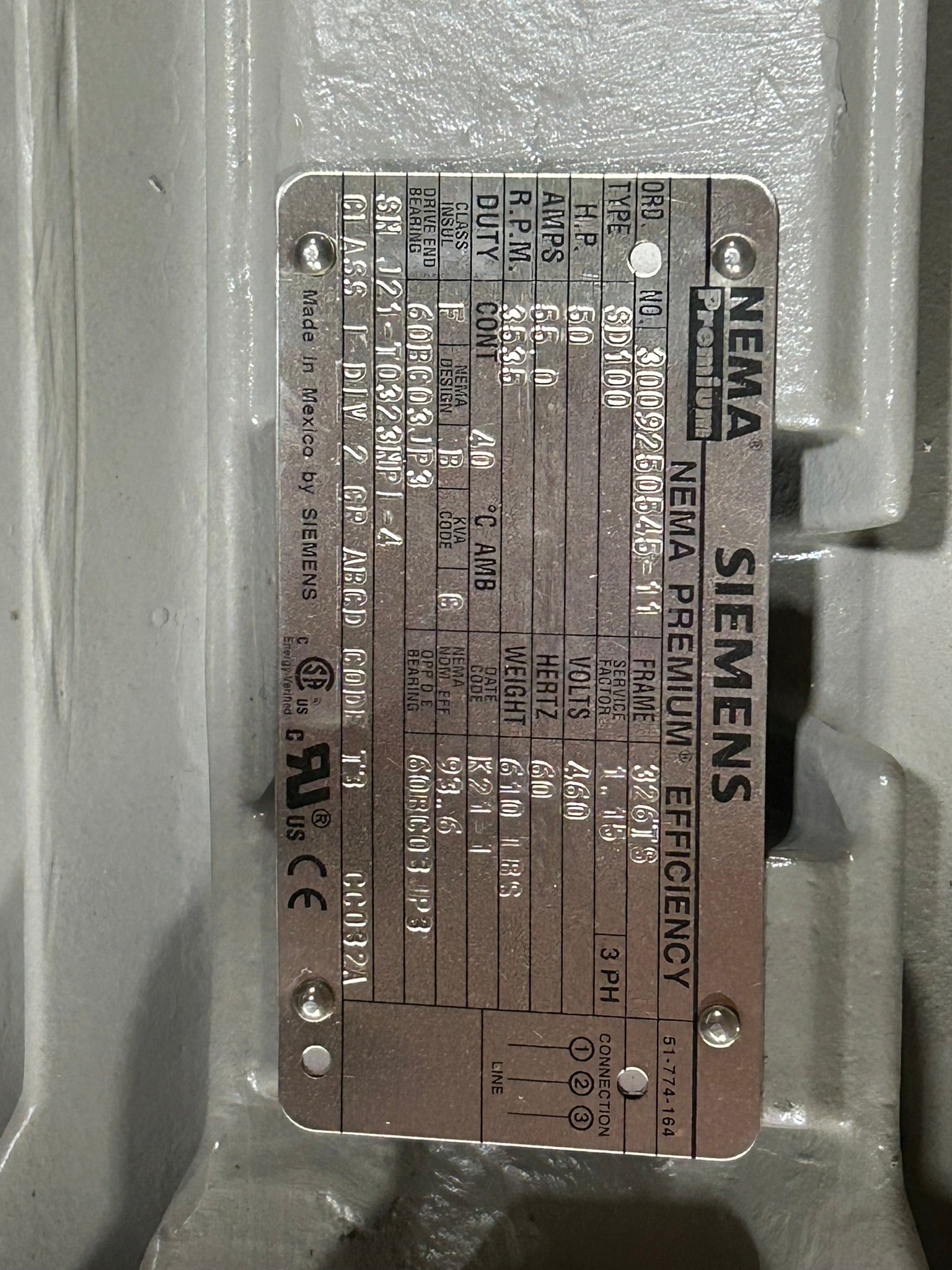 Siemens SD100 Premium AC Electric Motor 3009250545-11 3PH 50 HP 3535 RPM