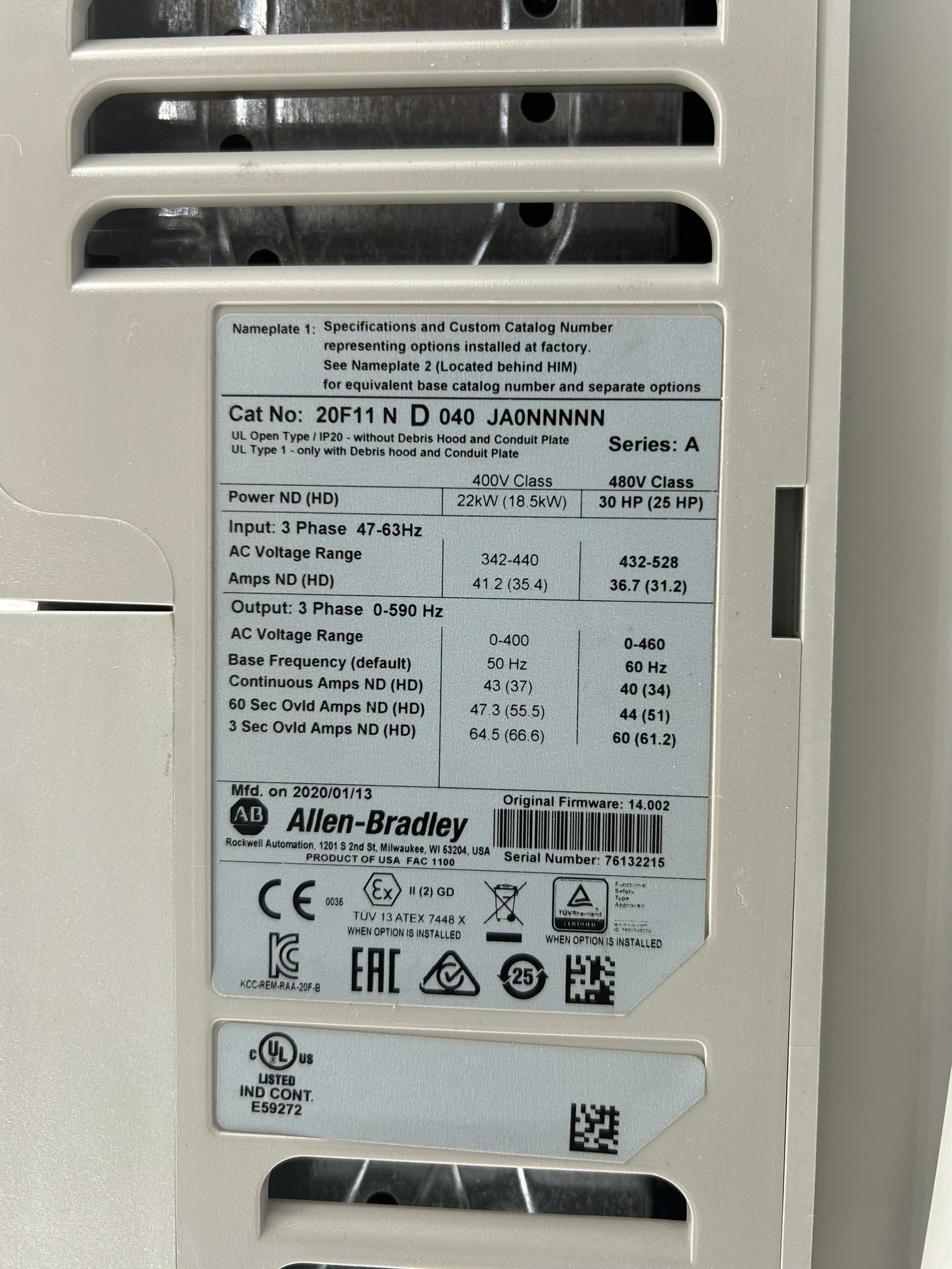 Allen-Bradley 20F11ND040JA0NNNNN PowerFlex 753 AC Drive Series A 480V 30HP 3PH