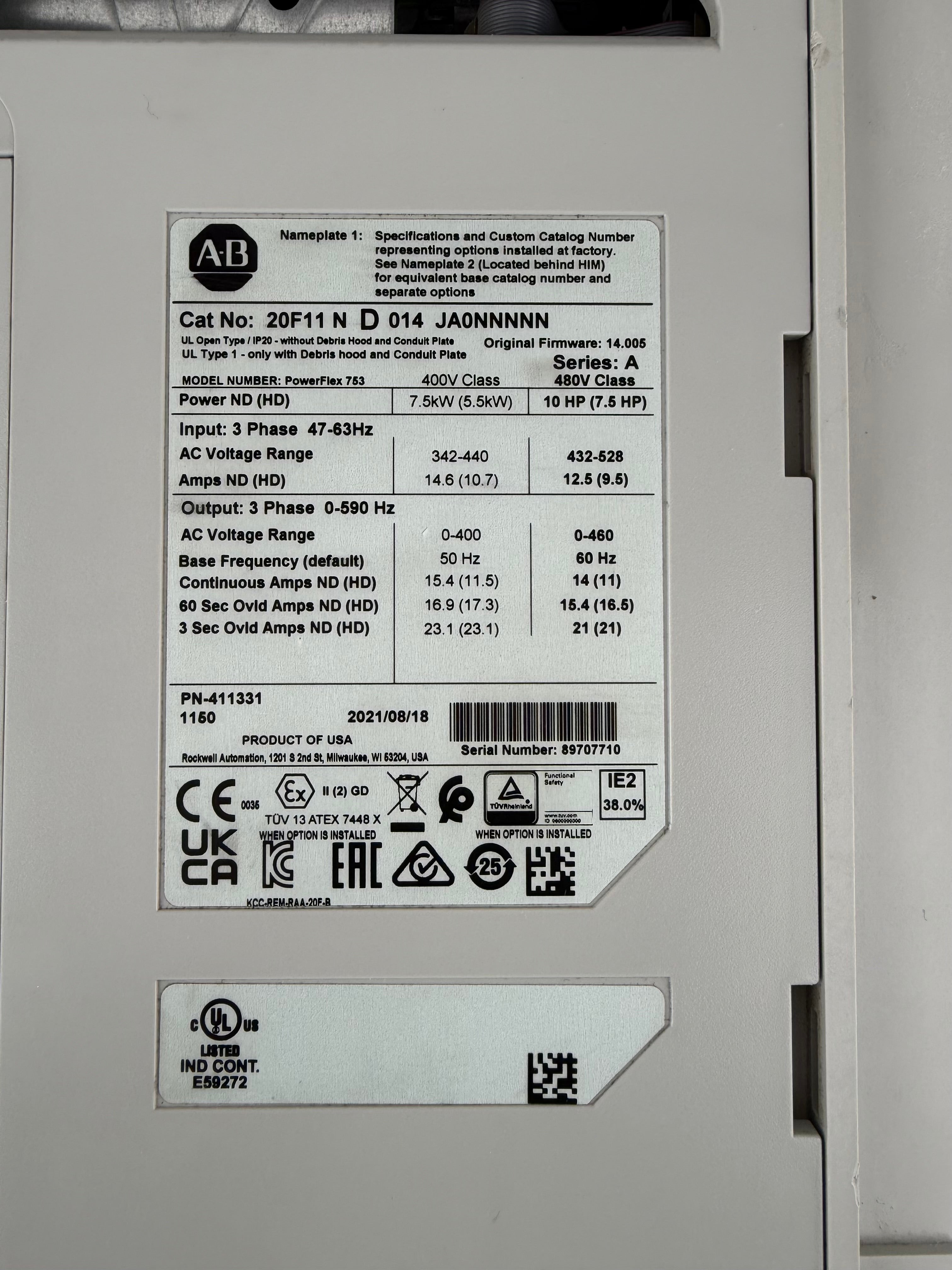 Allen Bradley PowerFlex 753 AC Drive 20F11ND014JA0NNNNN 10 HP