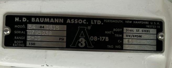 H.D. Baumann 54-84161S Tri-Clamp Sanitary Control Valve 08-17B 5-15PSI