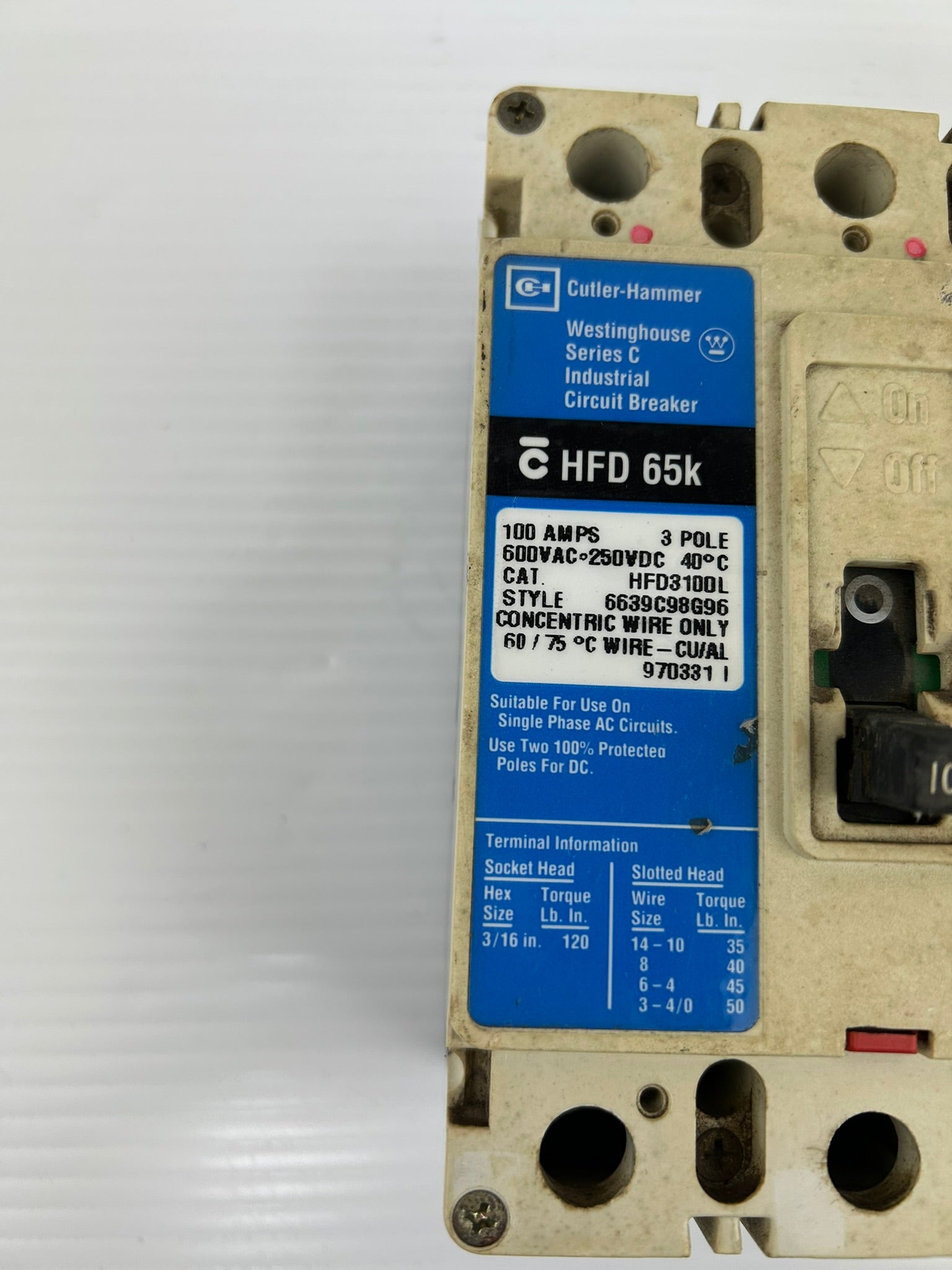 Cutler-Hammer HFD3100L Industrial 3 Pole Circuit Breaker Series C 100 Amps