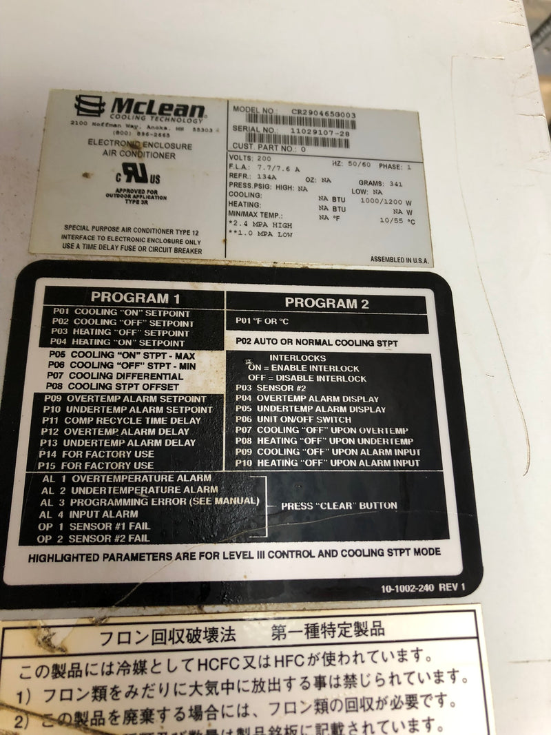 McClean CR290465G003 Electrical Enclosure Air Conditioner 200V 1 Ph 50/60 Hz