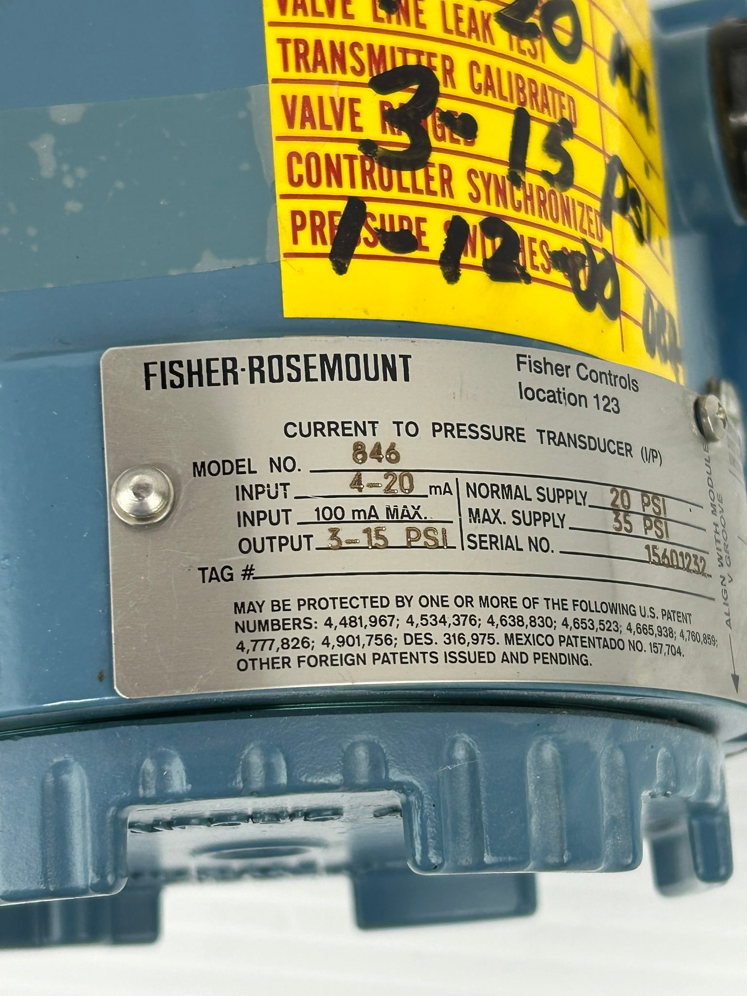 Fisher Rosemount 846 Current to Pressure Transducer - No Pressure Gauge
