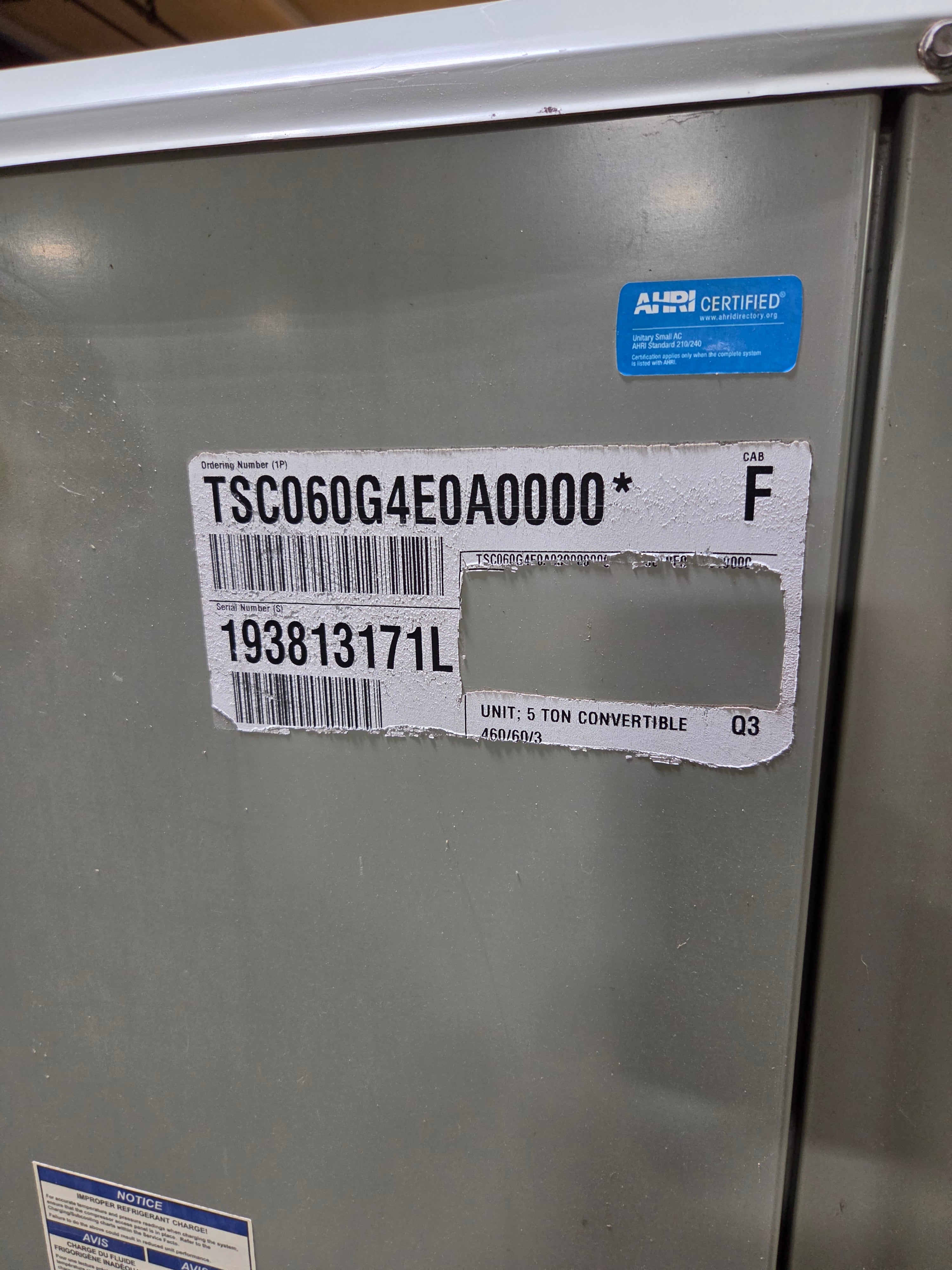 Trane American Standard TSC060G4E0A0000* 5 Ton Convertible AC Unit 460V 60Hz 3PH