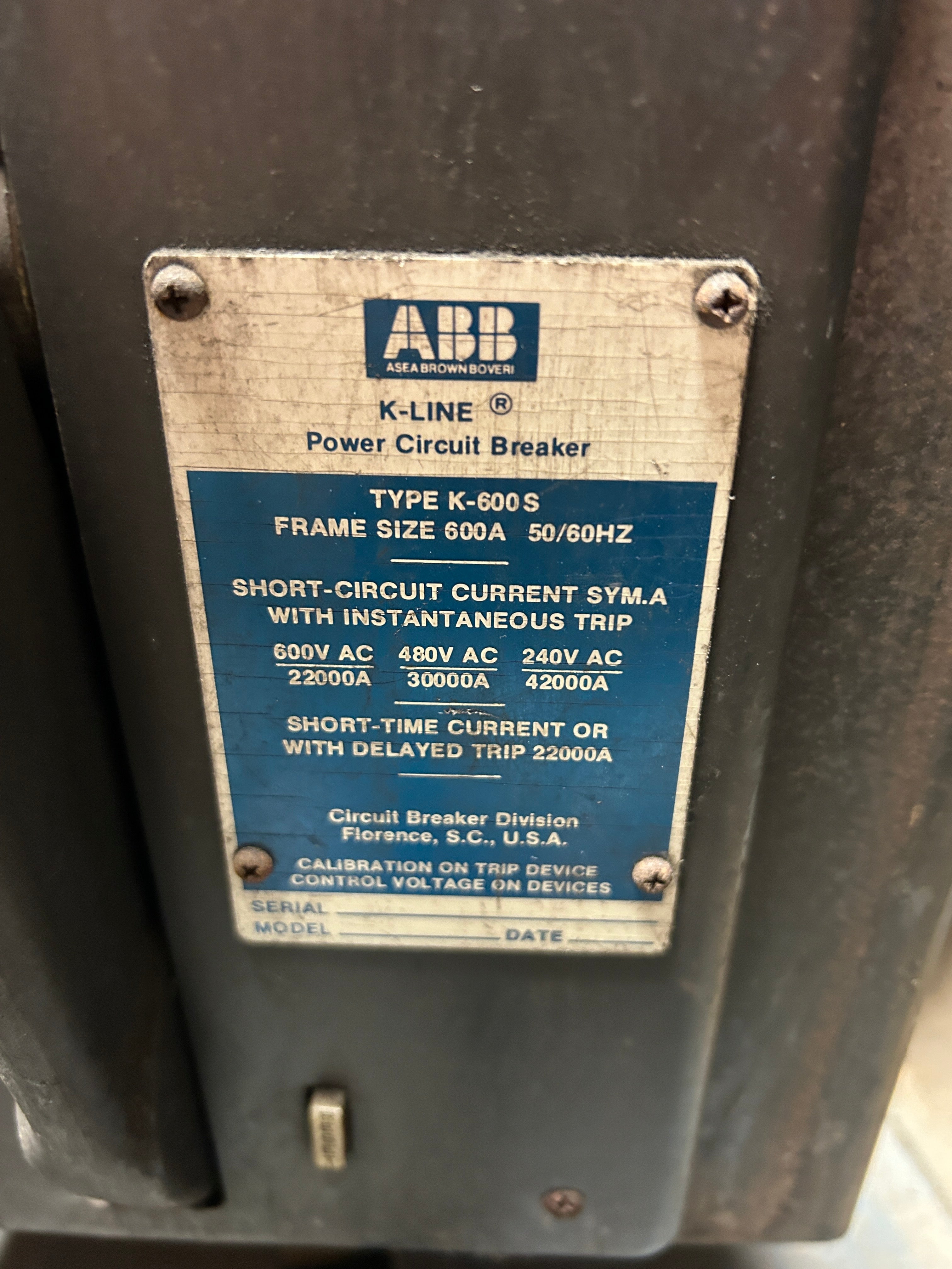 ABB K-600S K-Line Power Circuit Breaker 600A K600S with Solid State Trip SS