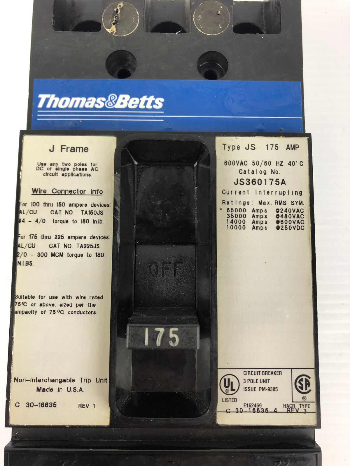 Thomas & Betts JS360175A Circuit Breaker J Frame 600VAC 175A 3P Type JS