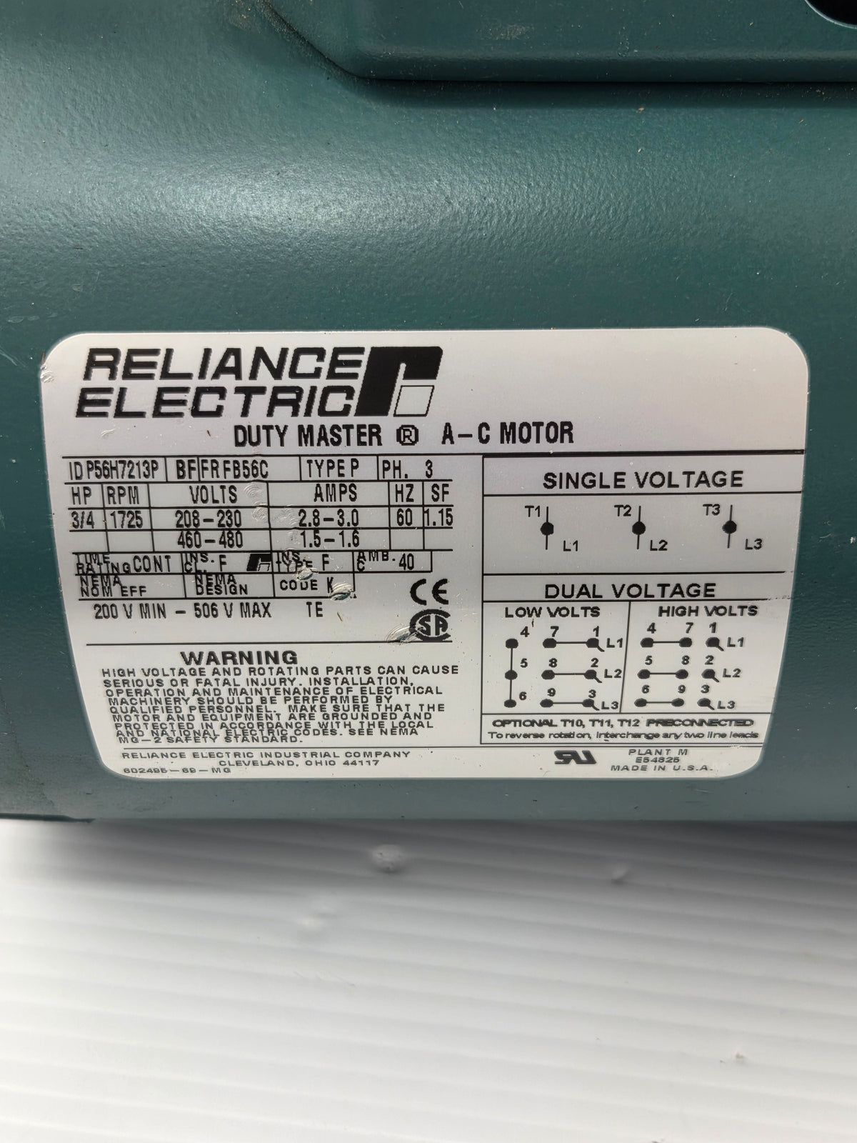 Reliance P56H7213P AC Brake Motor 3/4HP 3PH with Dodge D-Series 031395 56 DBSC
