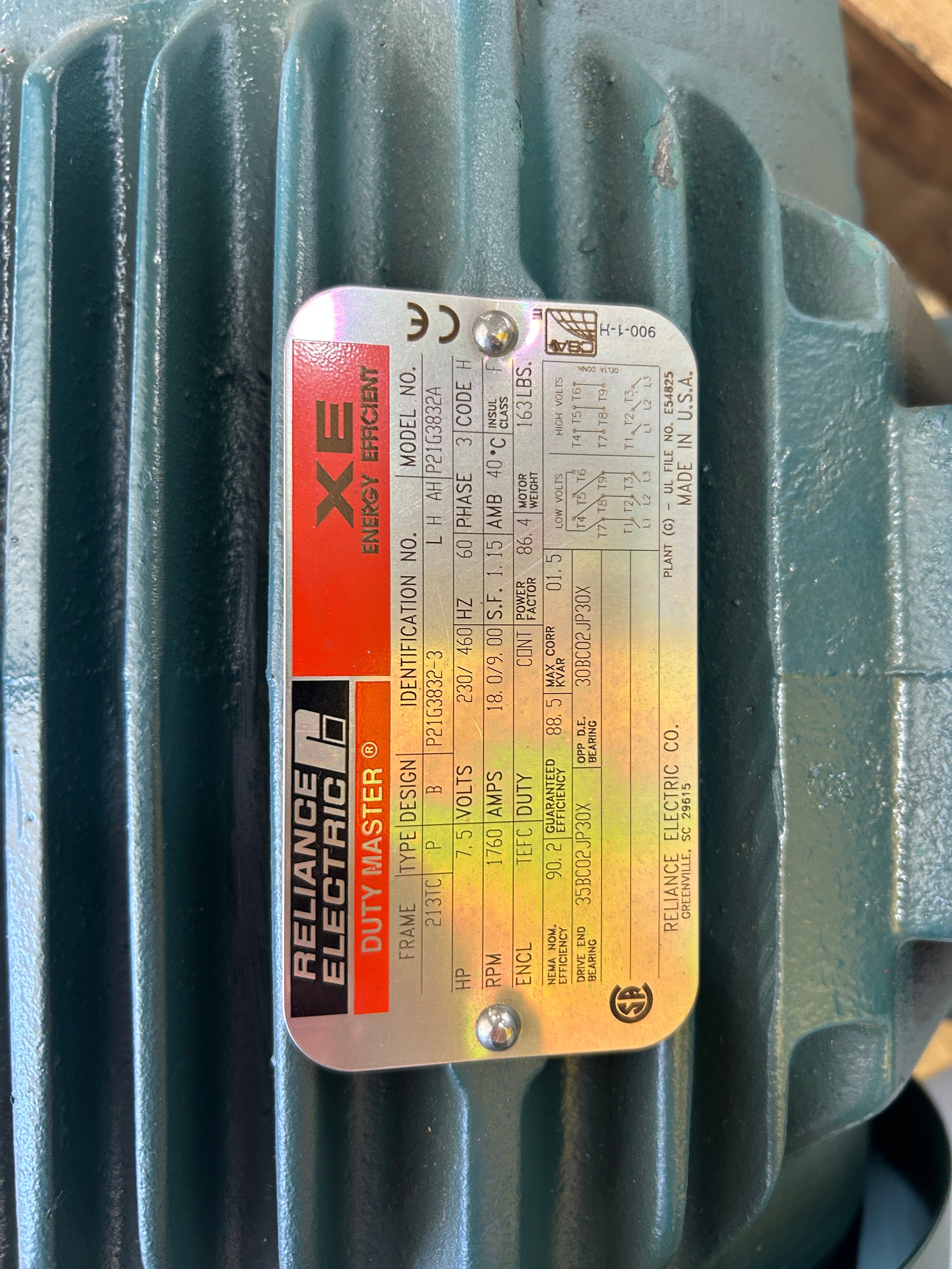 Reliance Electric P21G3832A AC Motor XE 7.5 HP 3PH 1760 RPM 213TC P21G3832-3