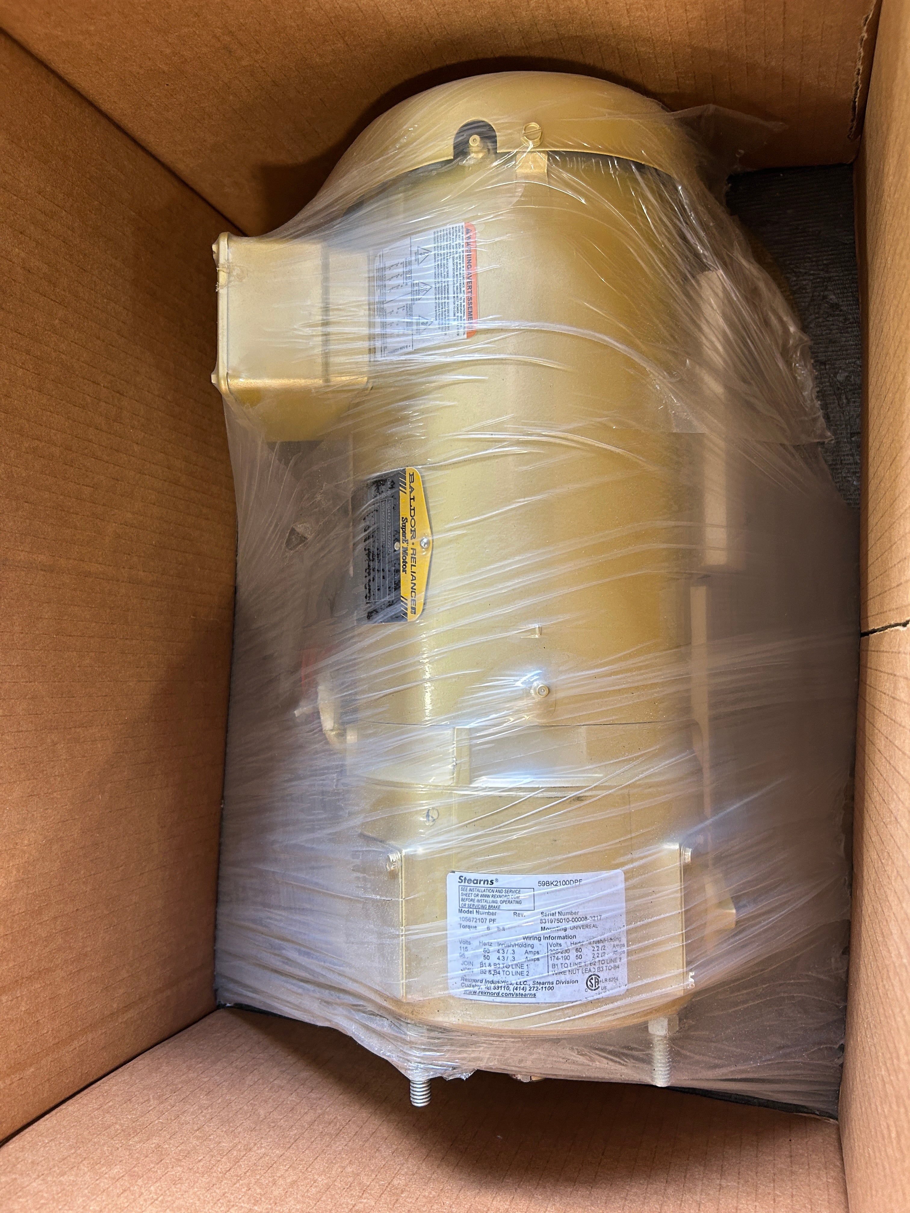 Baldor 1204442279-000010 Motor 1.5HP with Stearns 59BK2100DPF Brake 105672107 PF