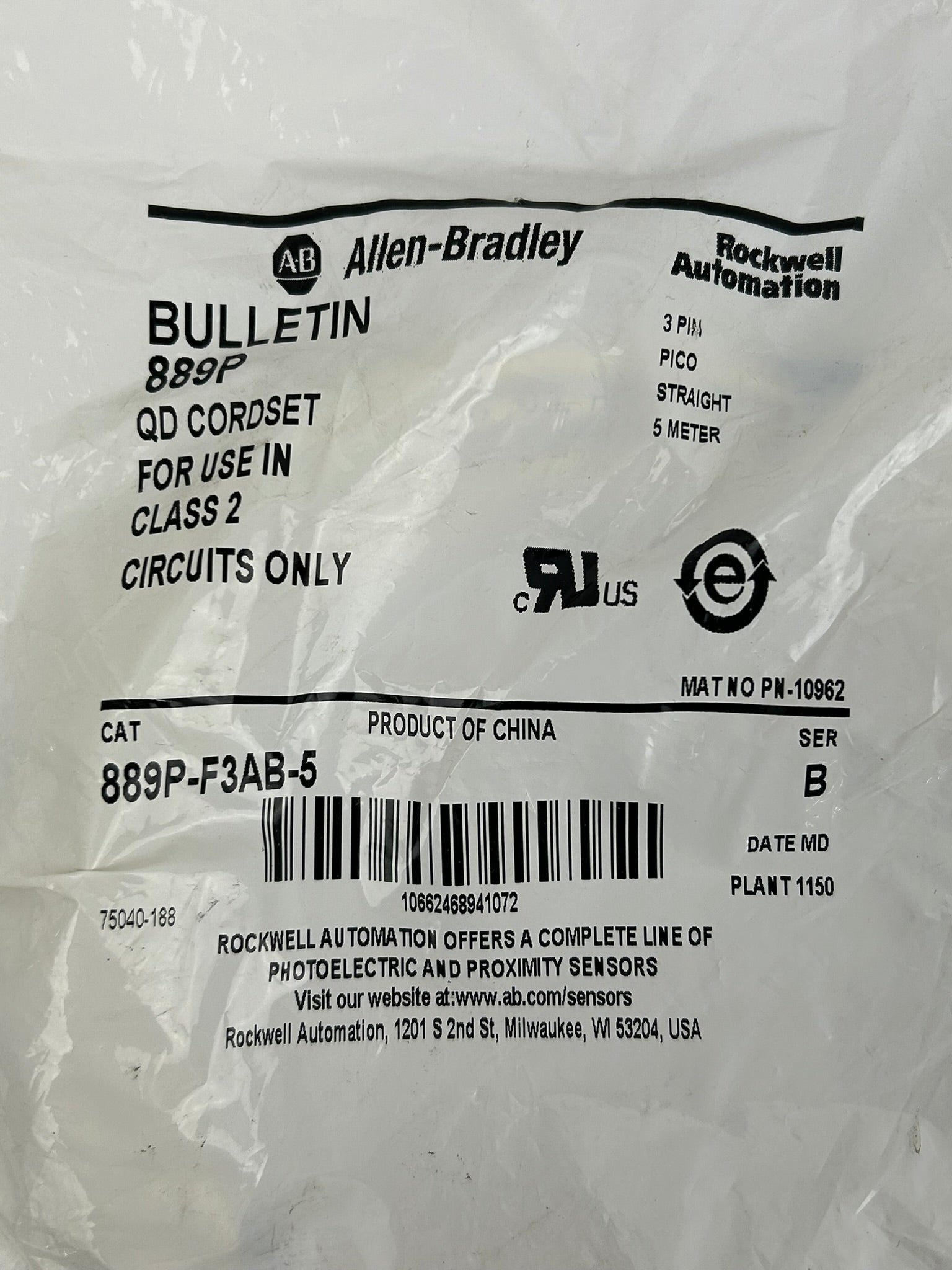 Allen-Bradley 889P-F3AB-5 QD Cordset Series B 3 Pin 5m Rockwell Automation