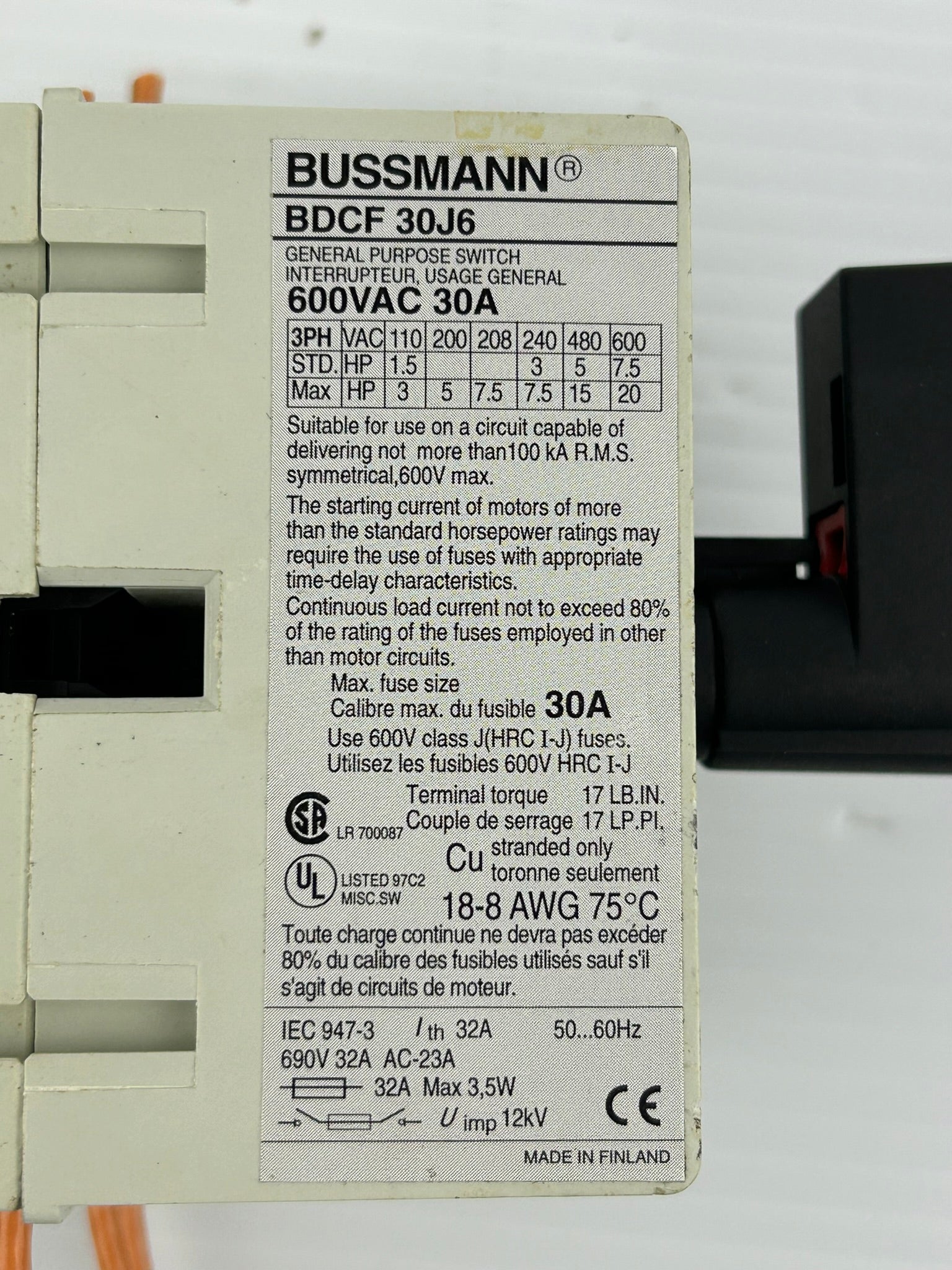 ABB BDCF30J6 General Purpose Switch Fusible 30A 600V BDCF 30J6 - No Fuses