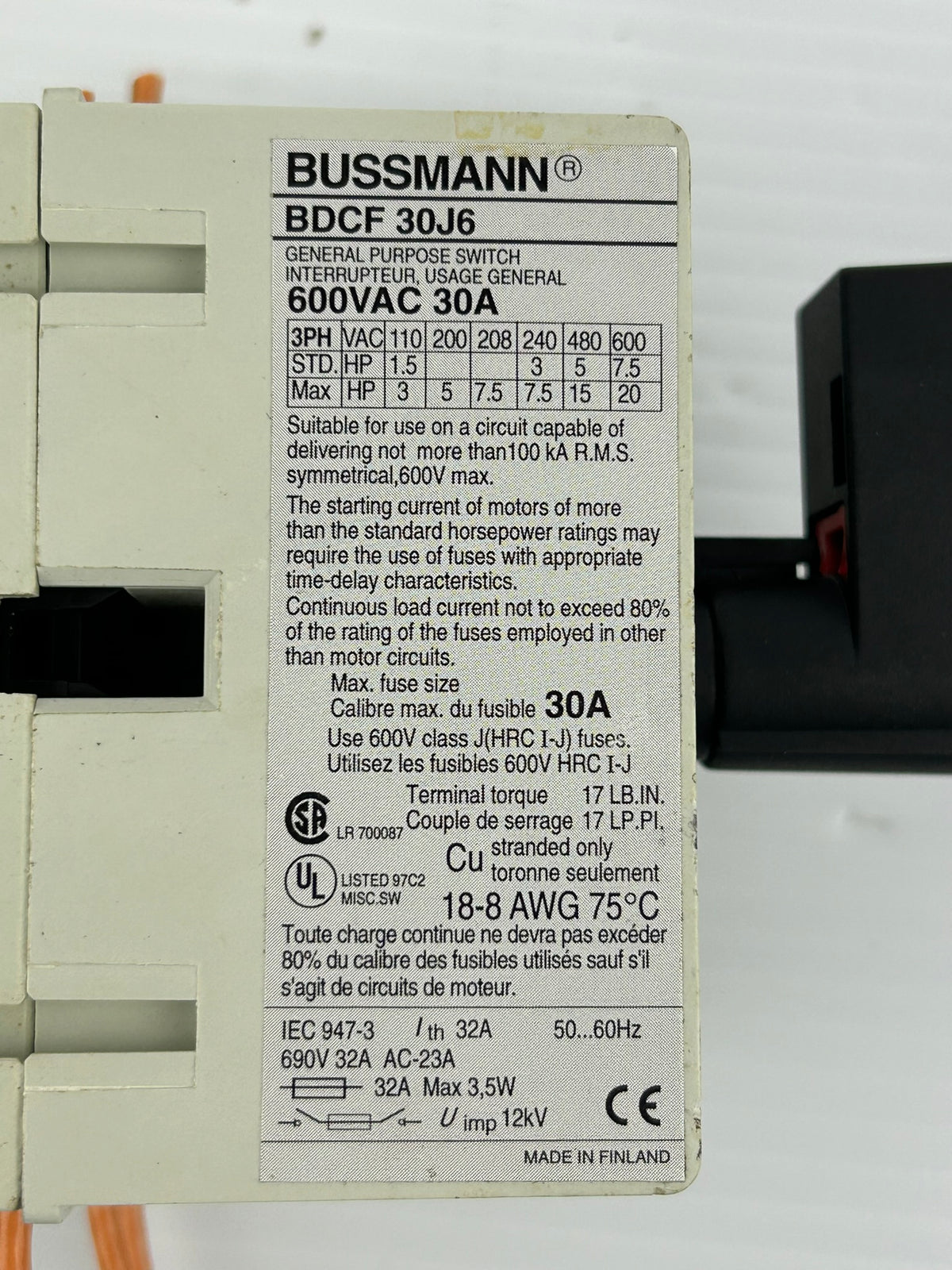 ABB BDCF30J6 General Purpose Switch Fusible 30A 600V BDCF 30J6 - No Fuses