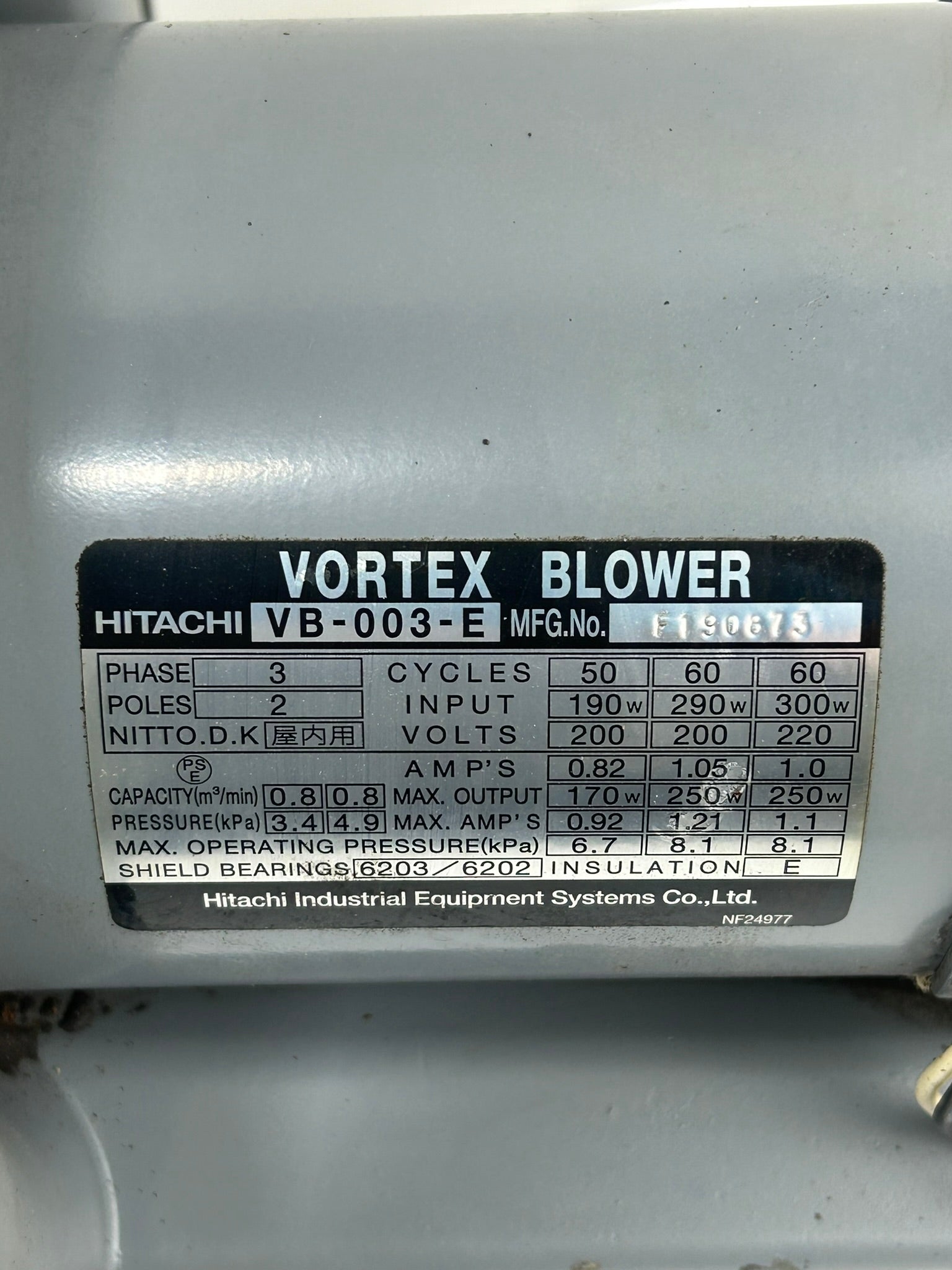 Hitachi VB-003-E Vortex Blower F190873 3 Phase 2 Pole 170/250W 200/220V