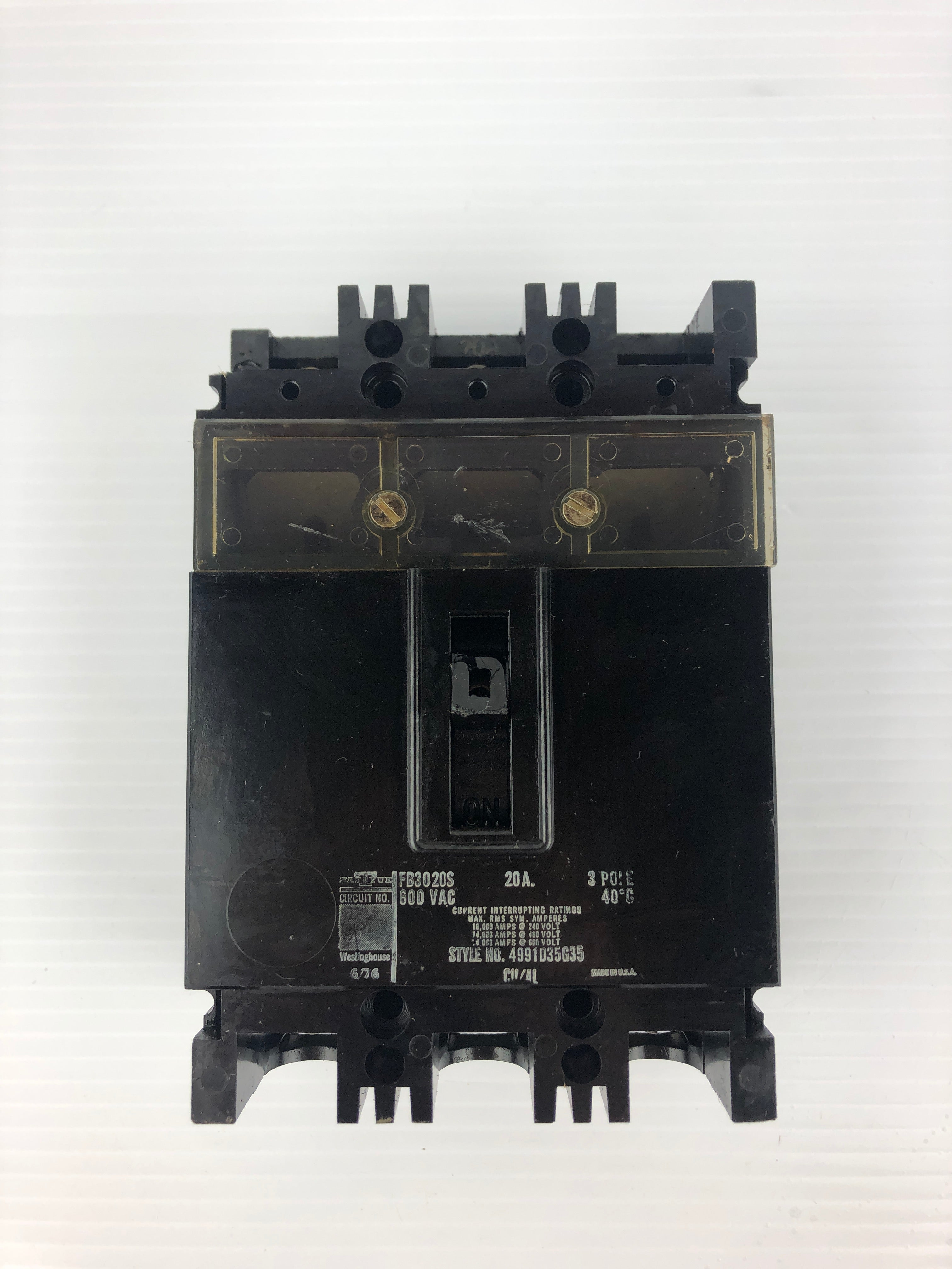 Westinghouse FB3020S Circuit Breaker 600VAC 20A 3P 4991D35G35