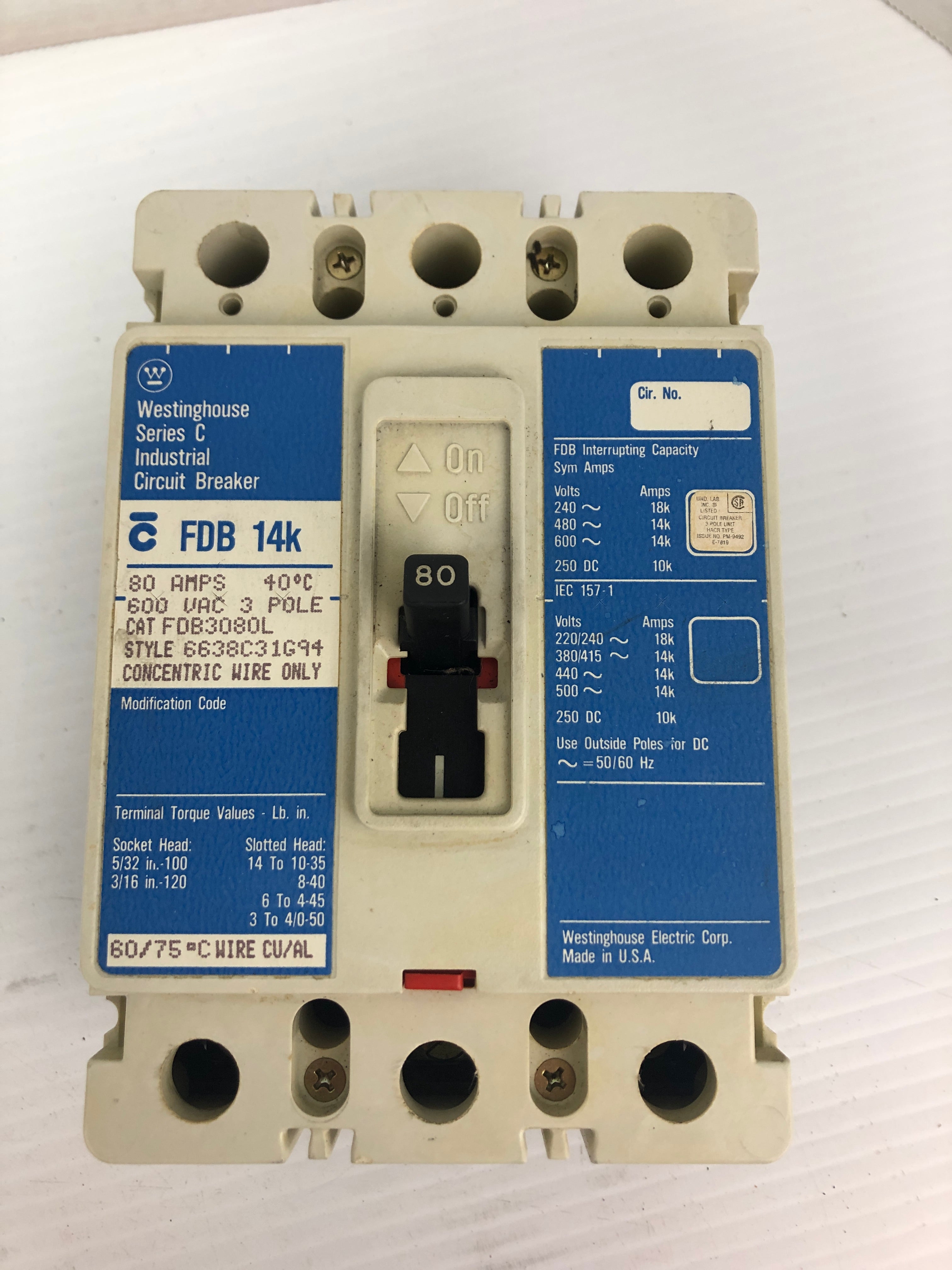 Westinghouse FDB 14K Industrial Circuit Breaker Series C 80A 600VAC 3P FDB3080L