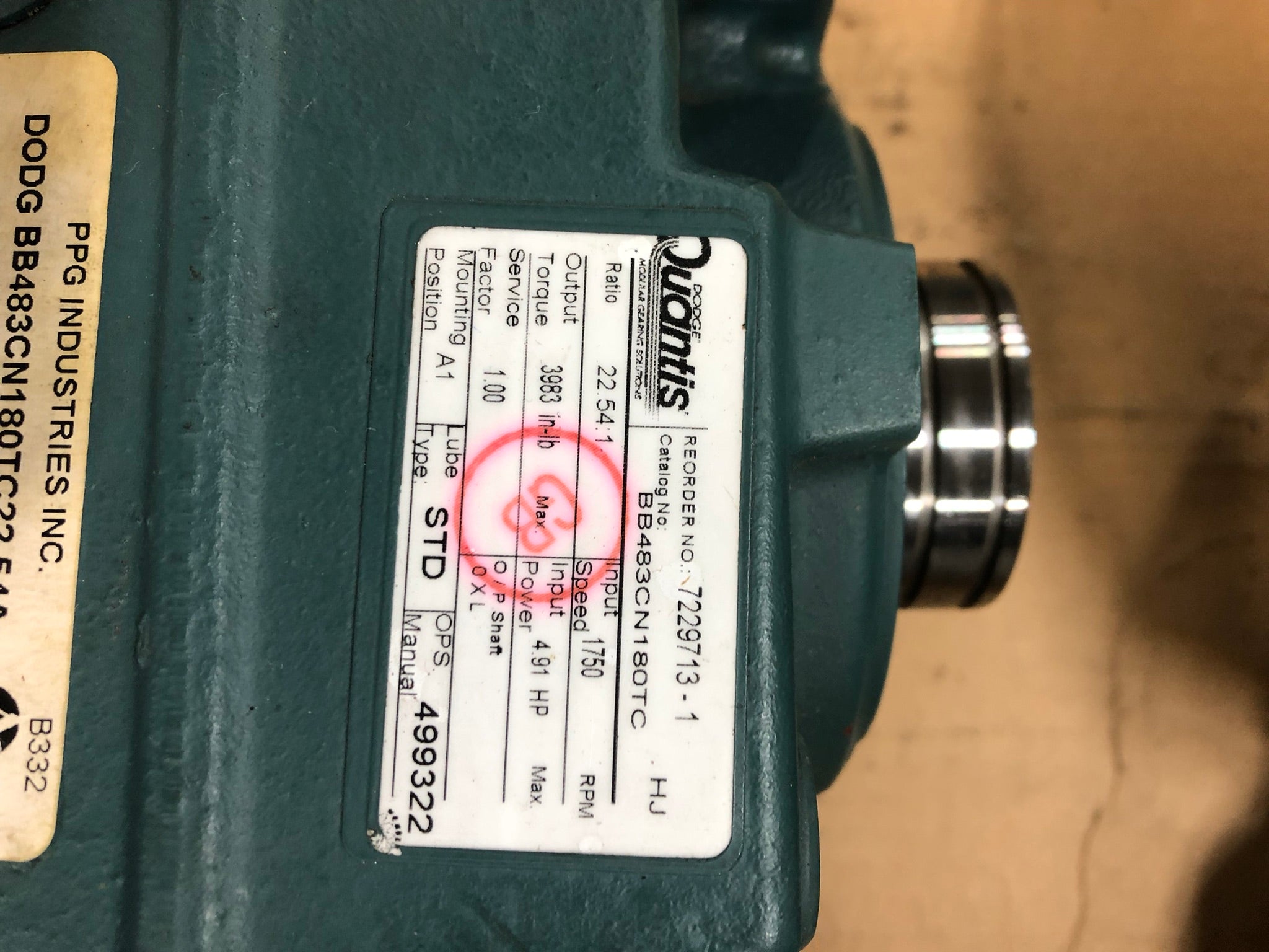 Dodge Quantis BB483CN180TC Gear Reducer 4.91 HP 1750 RPM 3983 in-lb Torque