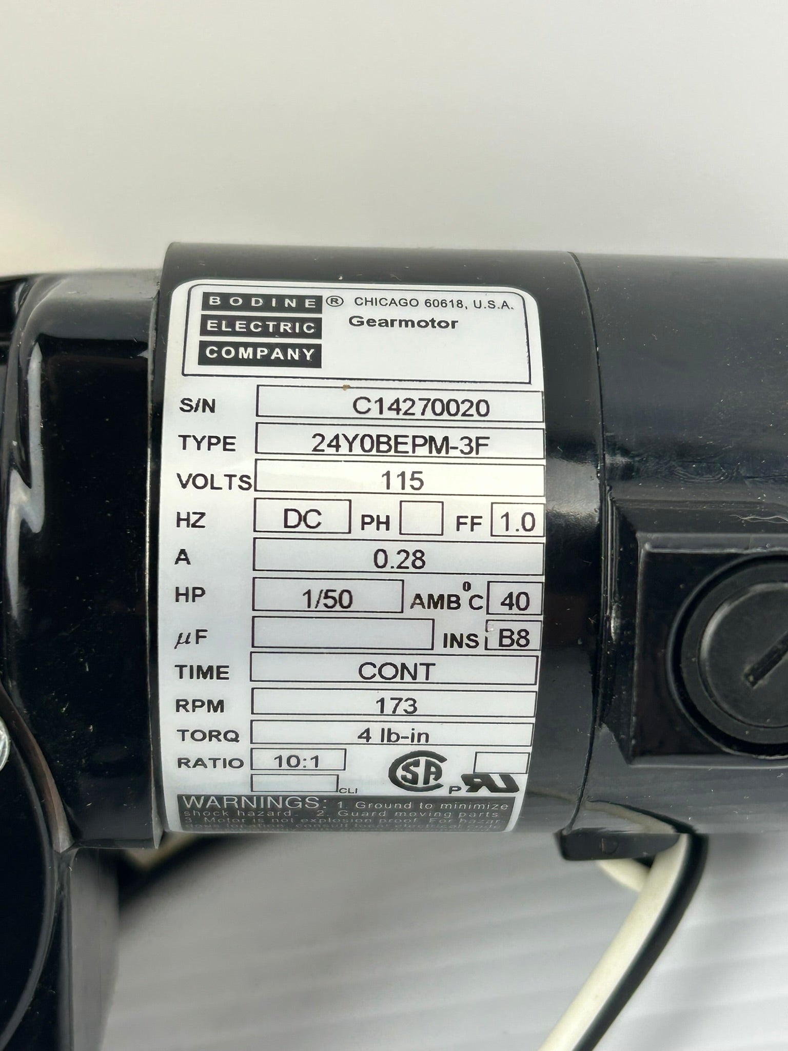 Bodine Electric C14270020 Gearmotor 24Y0BEPM-3F 1/50HP 173RPM 115V 0.28A 10:1