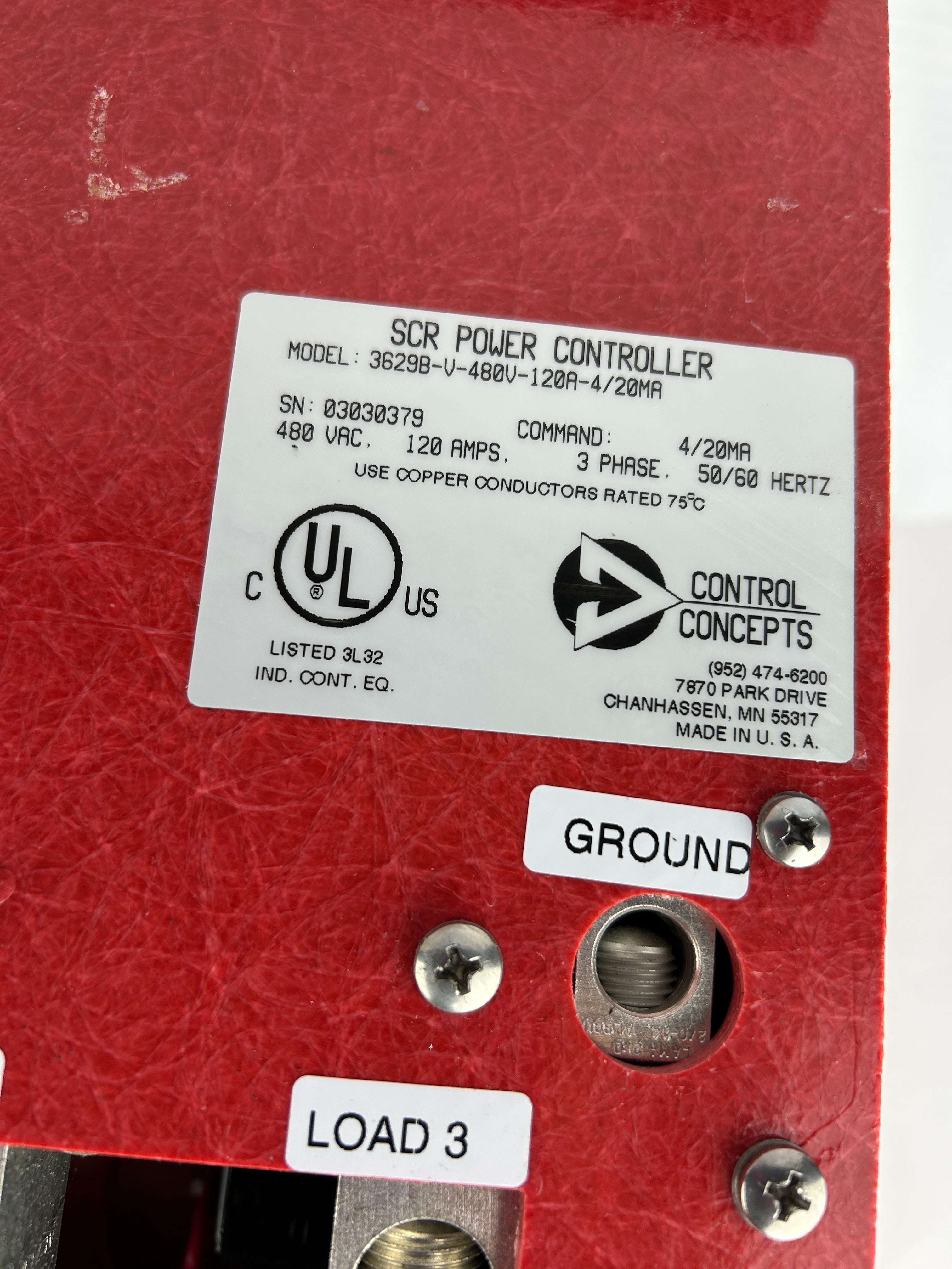 Control Concepts 3629B-V-480V-120A-4/20mA SCR Power Controller 3PH 480VAC 120A