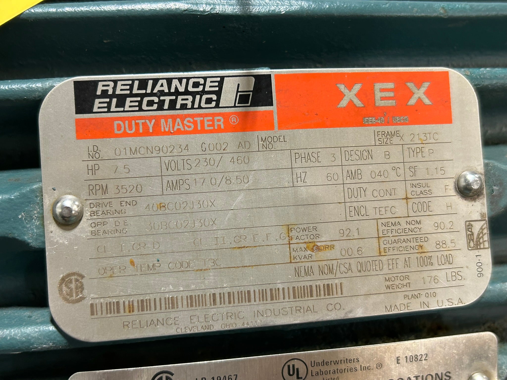 Reliance Electric 01MCN90234 G002 AD XEX Duty Master Motor 7.5HP 3PH Admix OES-2