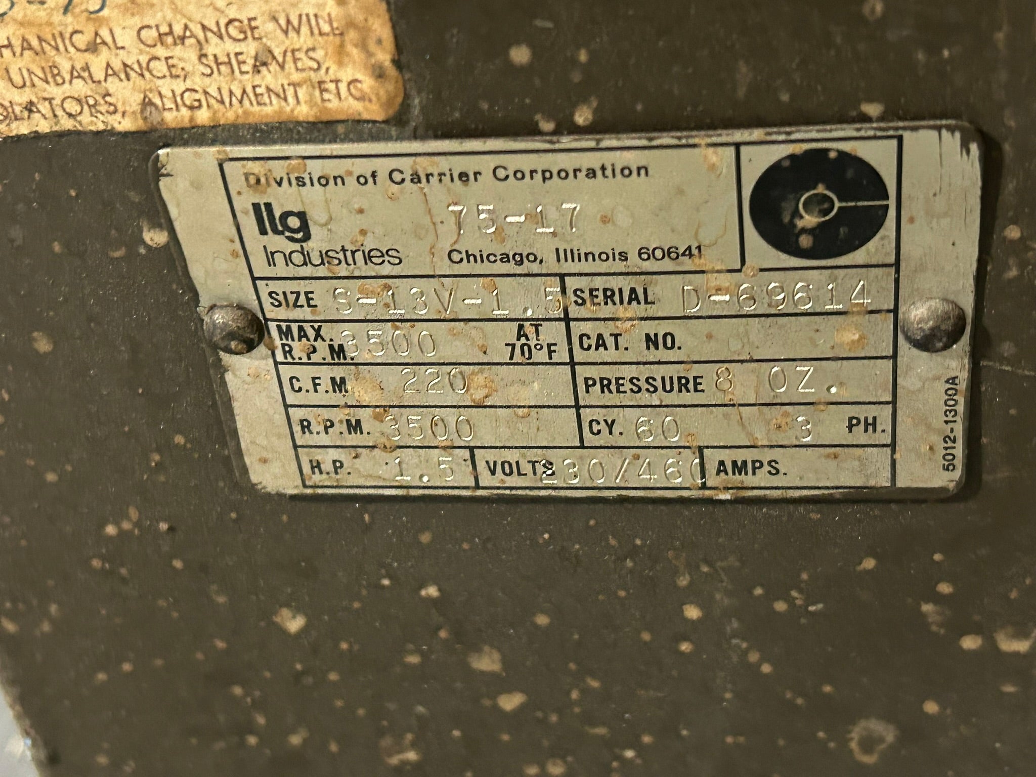 ILG Industries 75-17 Blower Motor Westinghouse Type FS 1.5HP 3PH 3500RPM