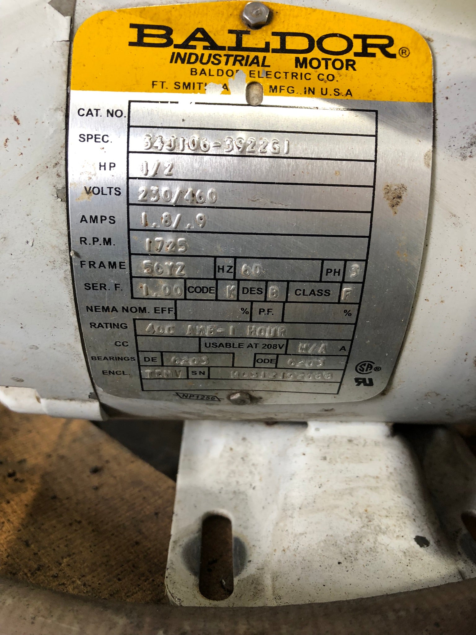 Baldor 34J106-3922G1 Industrial Motor 1/2 HP 3 PH