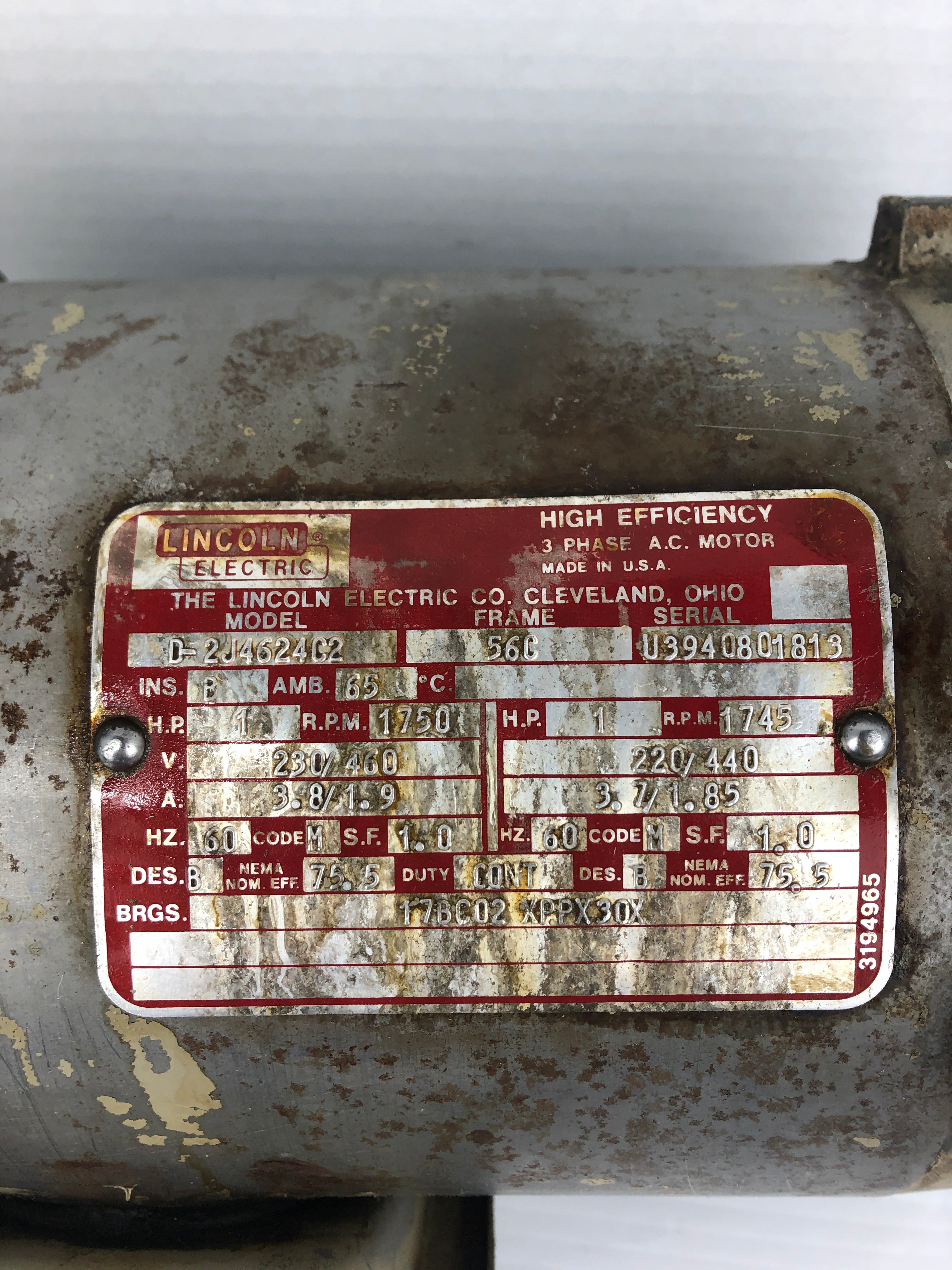 Lincoln Electric D-2J4624C2 AC Motor 1750RPM 1HP 3PH