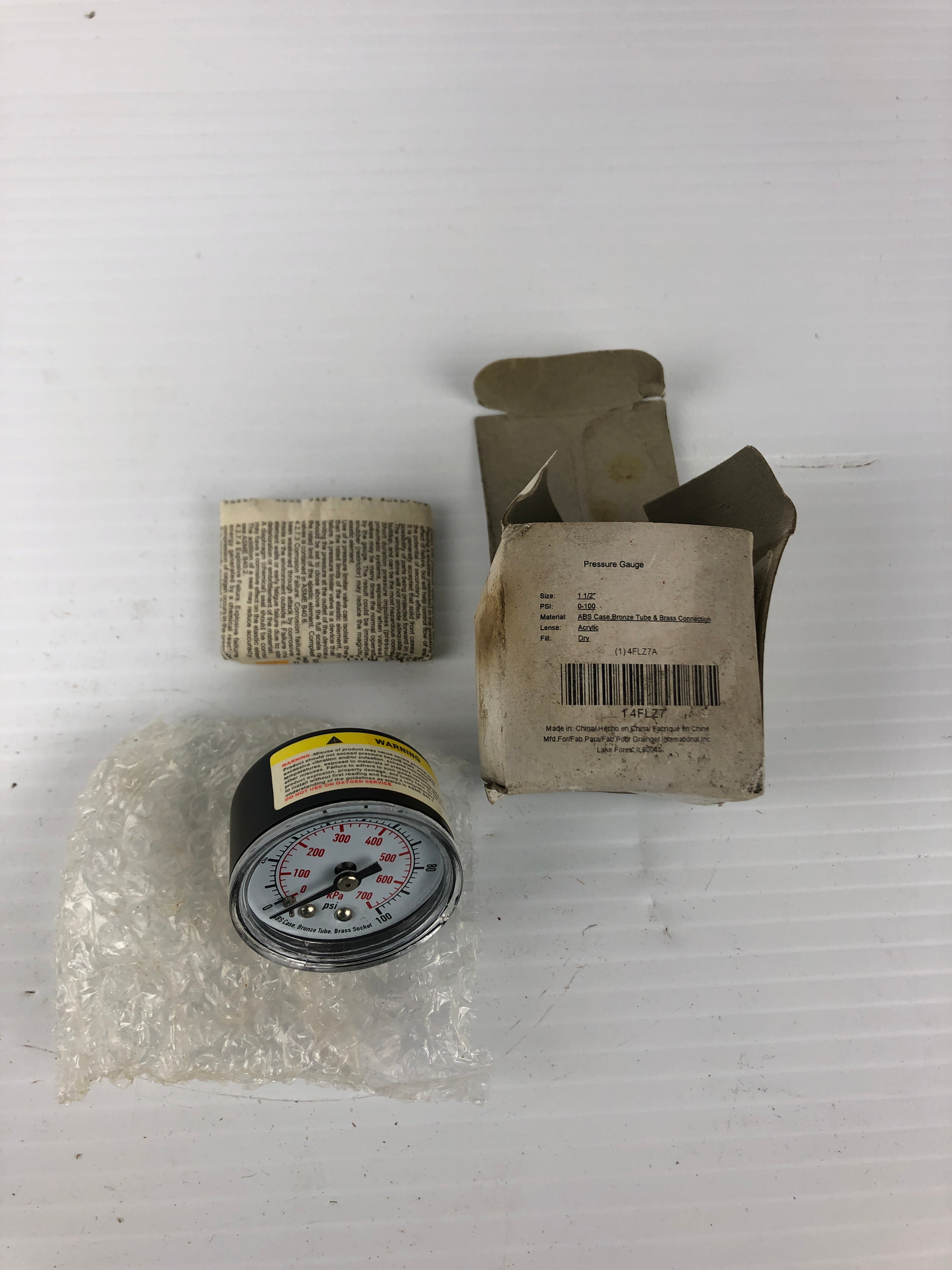 Pressure Gauge 4FLZ7 1-1/2" 0-100 PSI 4FLZ7A