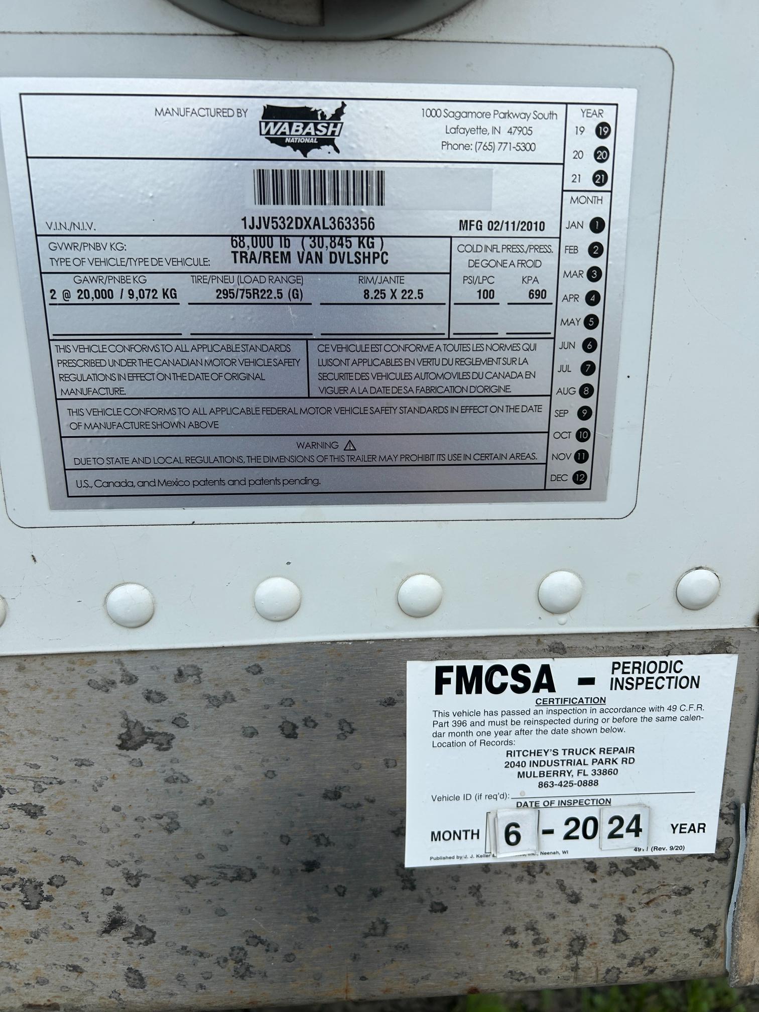 2010 Wabash Dry Van Trailer 53' #644 Title Swing Spring Ride 1JJV532DXAL363356