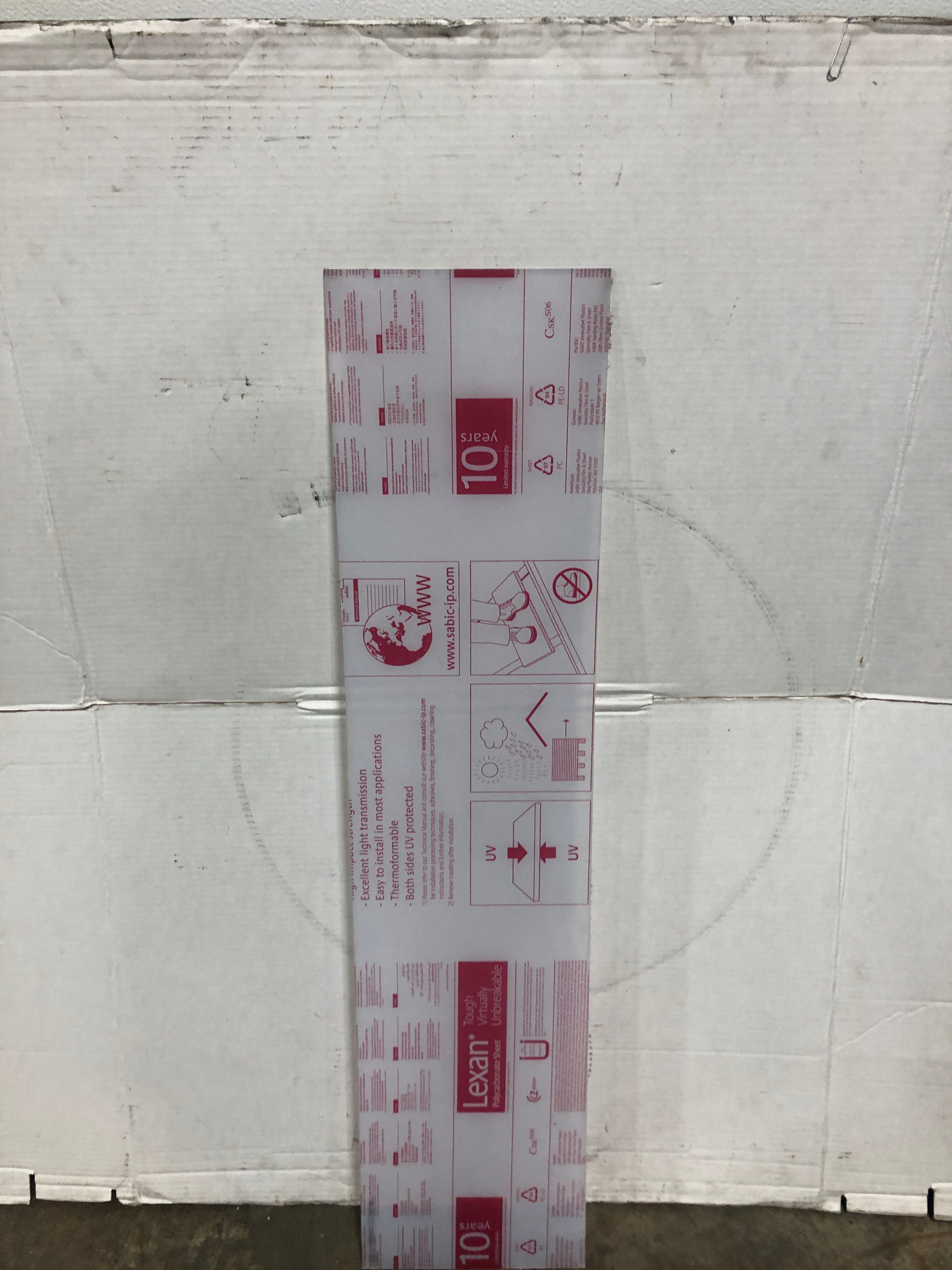 Sabic Innovative Plastics Lexan Polycarbonate Sheet 47-3/4" x 11-1/4" x 0.160"