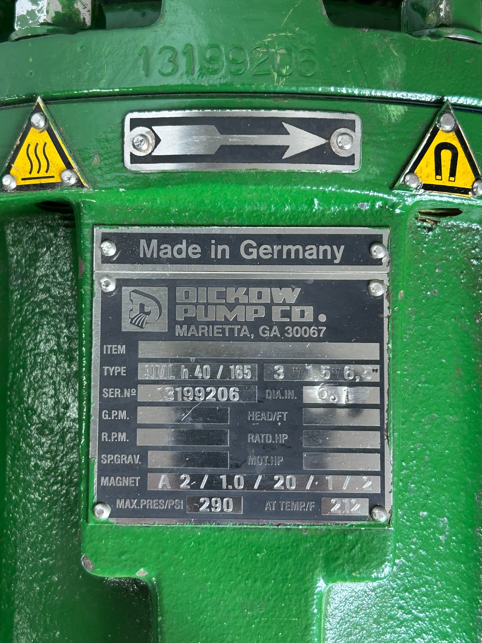Dickow Pump Co. NMLh40/165 Pump 3"/1,5"/6,5" 290 PSI 6.1" Diameter
