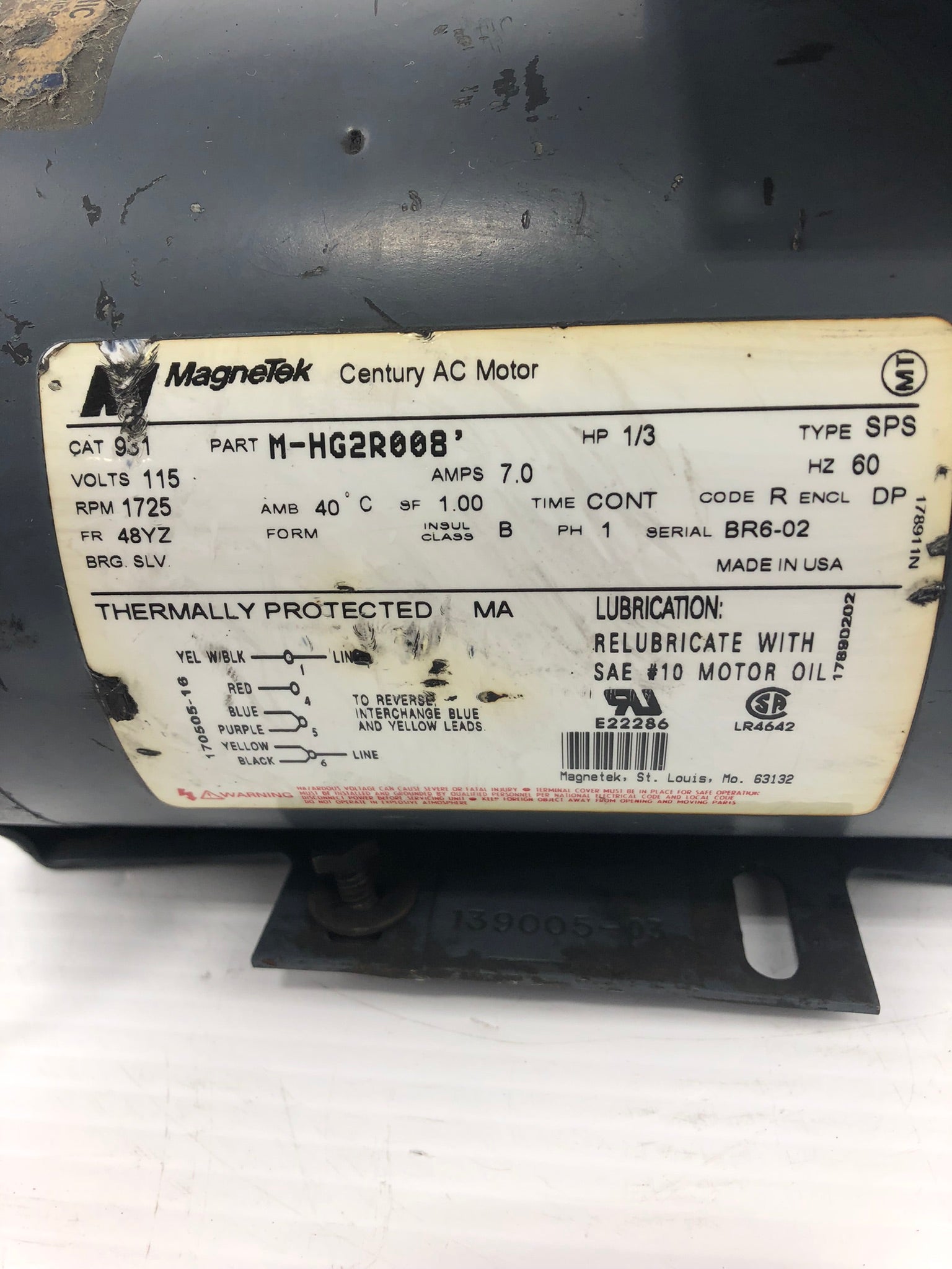 MagneTek Century AC Motor 931 M-HG2R008' 1/3 HP 60 Hz 115V 1725 RPM 1 Ph Fr 48YZ
