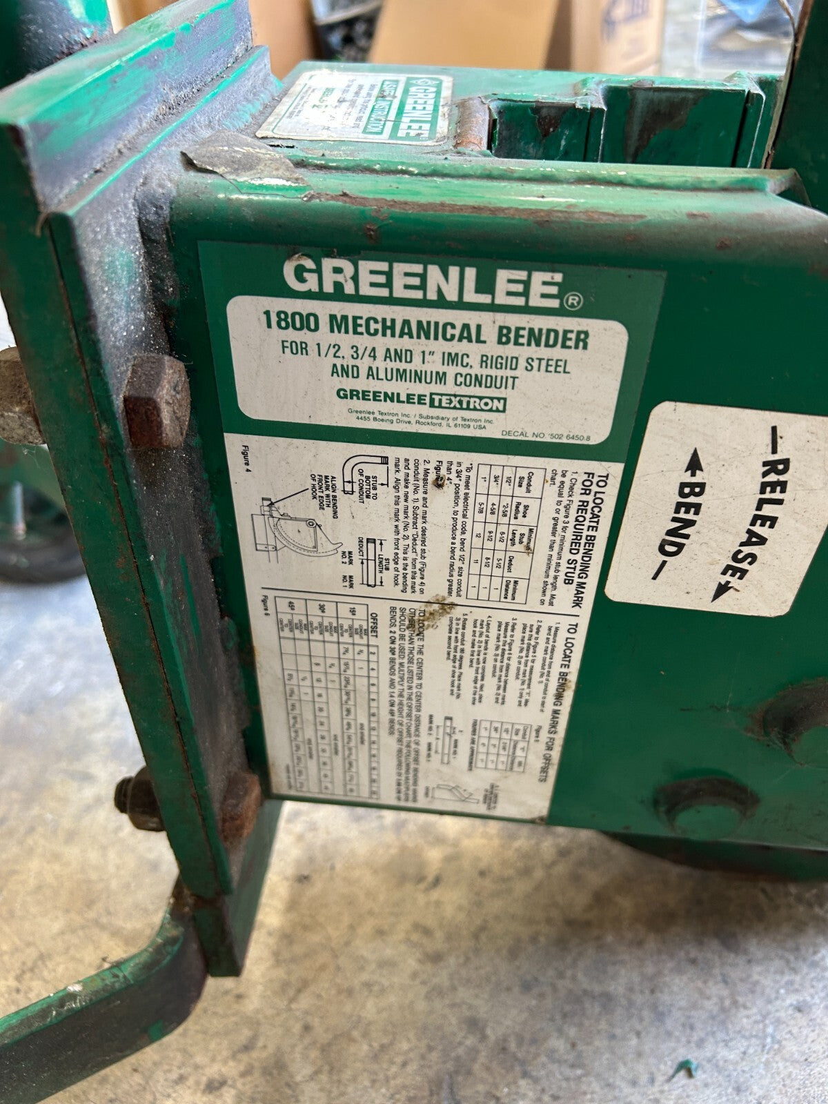 Greenlee 1800 Mechanical Pipe Bender 1/2" 3/4" 1" Rigid Steel Aluminum Conduit