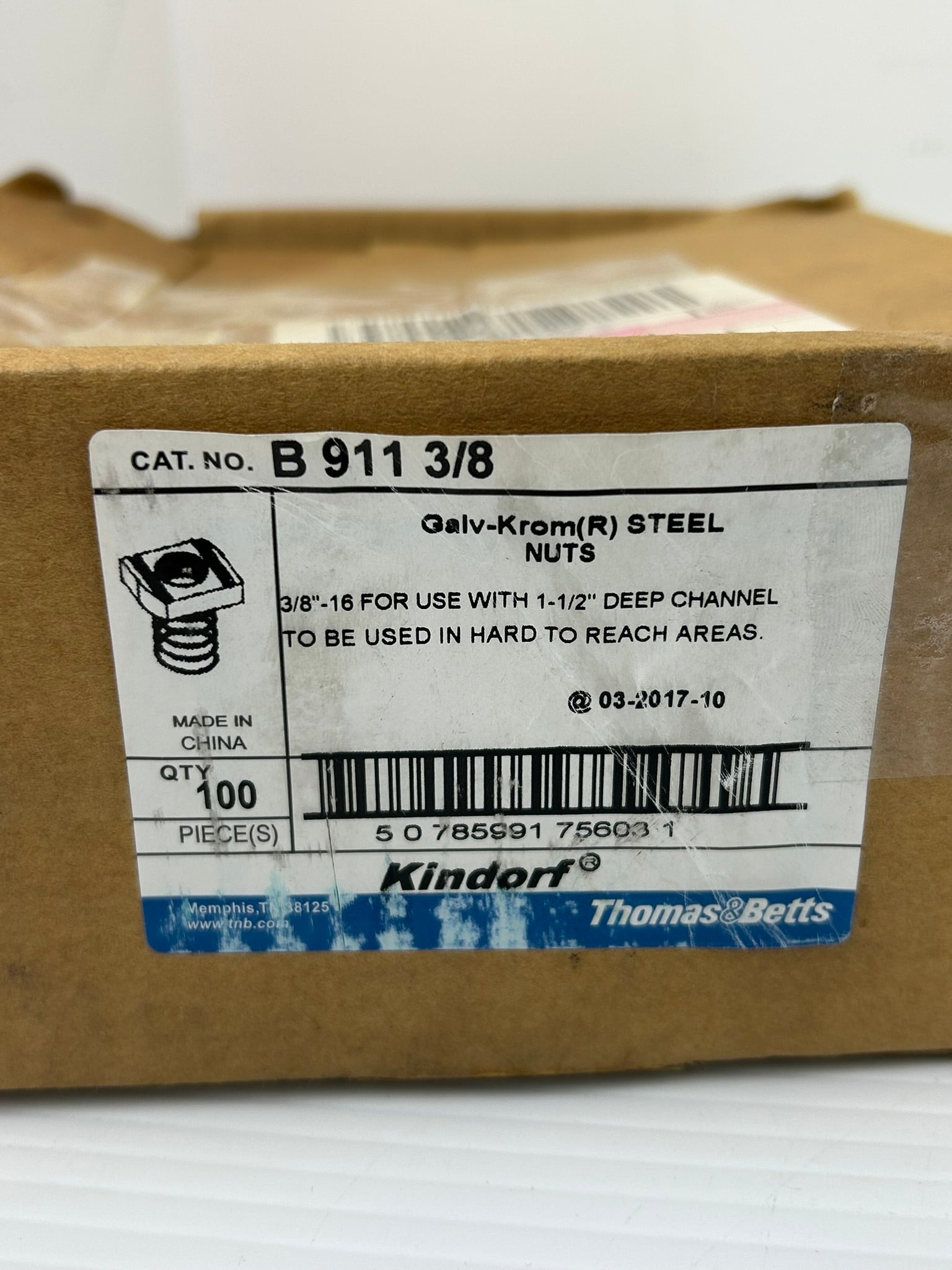 Thomas & Betts B911 3/8 Kindorf Galv-Krom Steel Nuts 3/8" - Box of 68