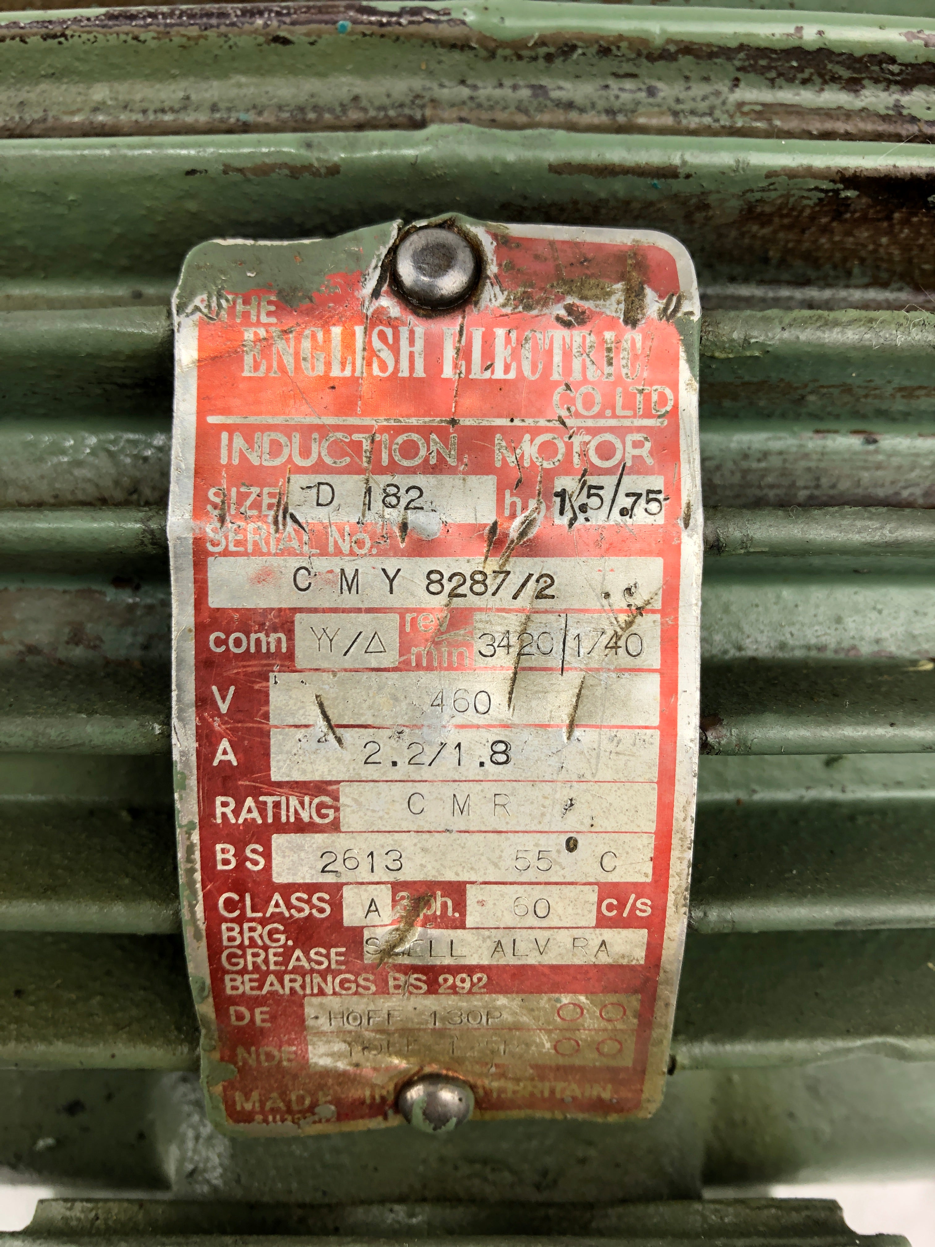 The English Electric D182 Induction Motor 1.5/0.75 HP 3420/1740 RPM 3PH 460V