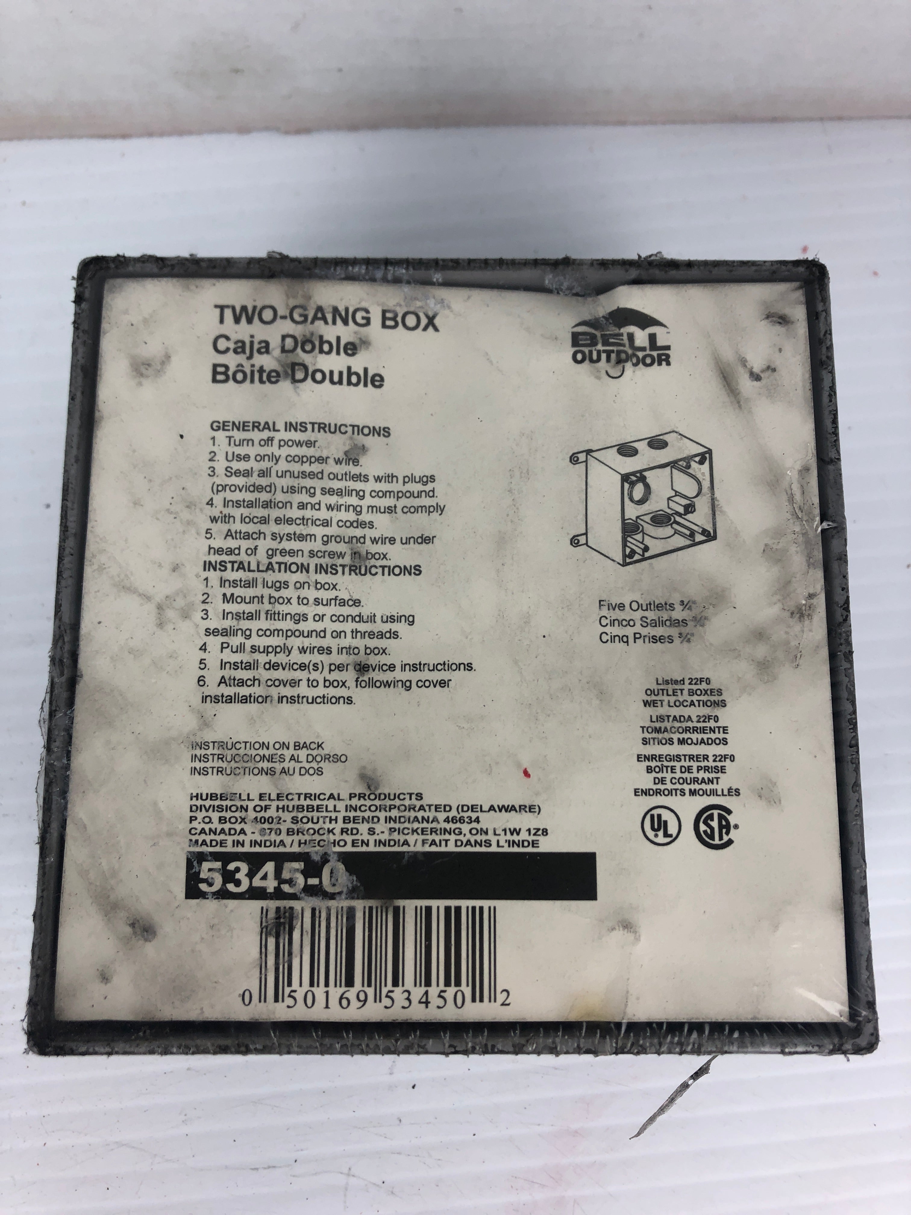 Bell 5345-0 Weatherproof Two Gang Box Five Outlets 3/4"