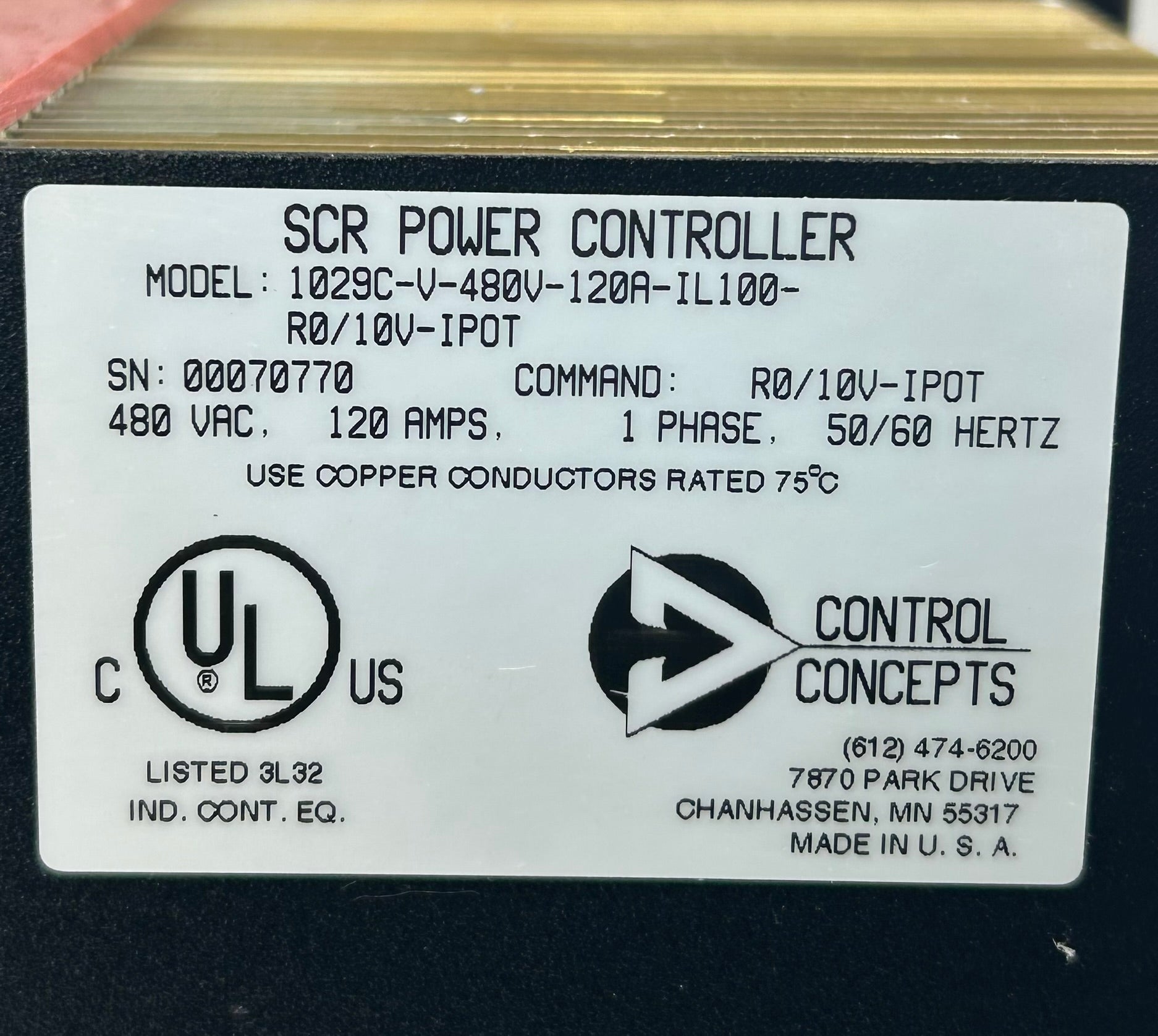 Control Concepts 1029C-V-480V-120A-IL100-R0/10V-IPOT SCR Power Controller 480VAC